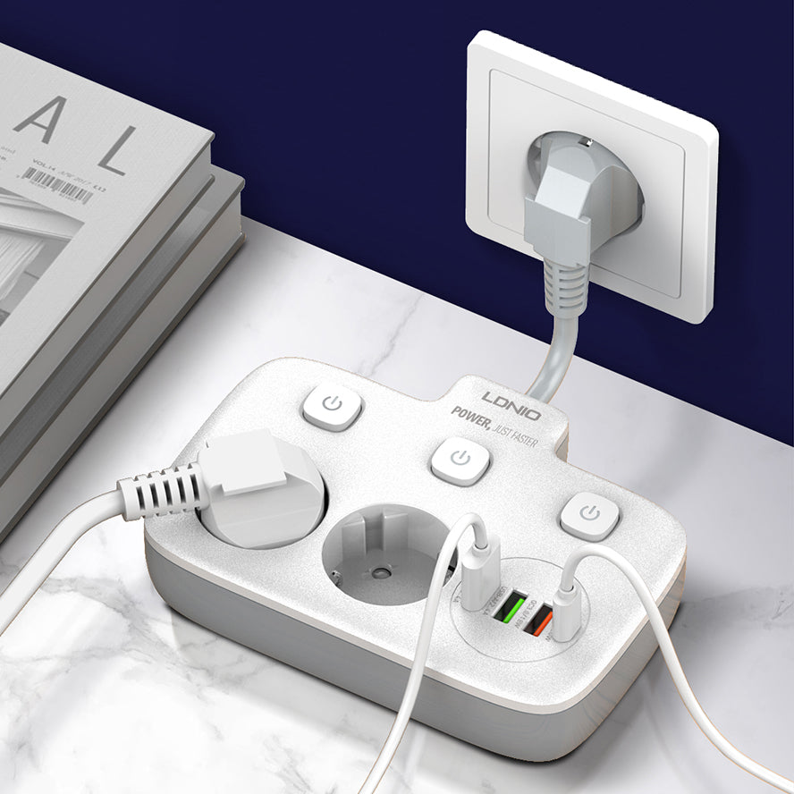 SE2435 Smart kabelforgrener for vegg med 2 strømutganger og USB/USB-C hurtiglader