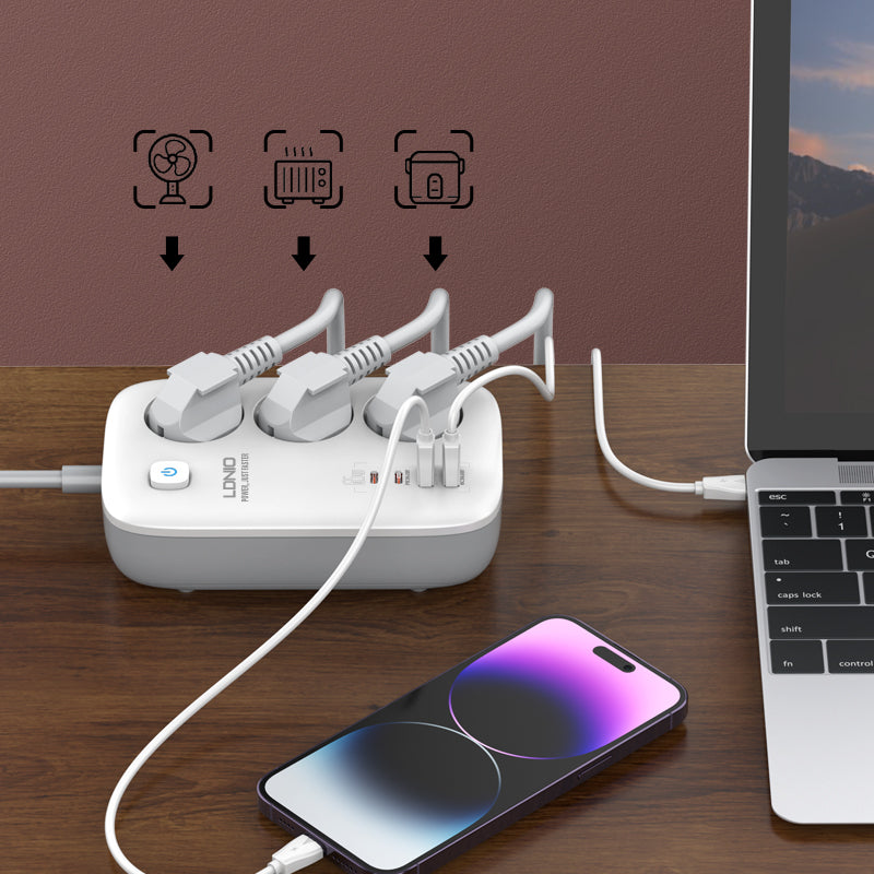 SE3436 Forgreningskontakt med 3 strømkontakter, 3 USB og 1 USB-C hurtiglader