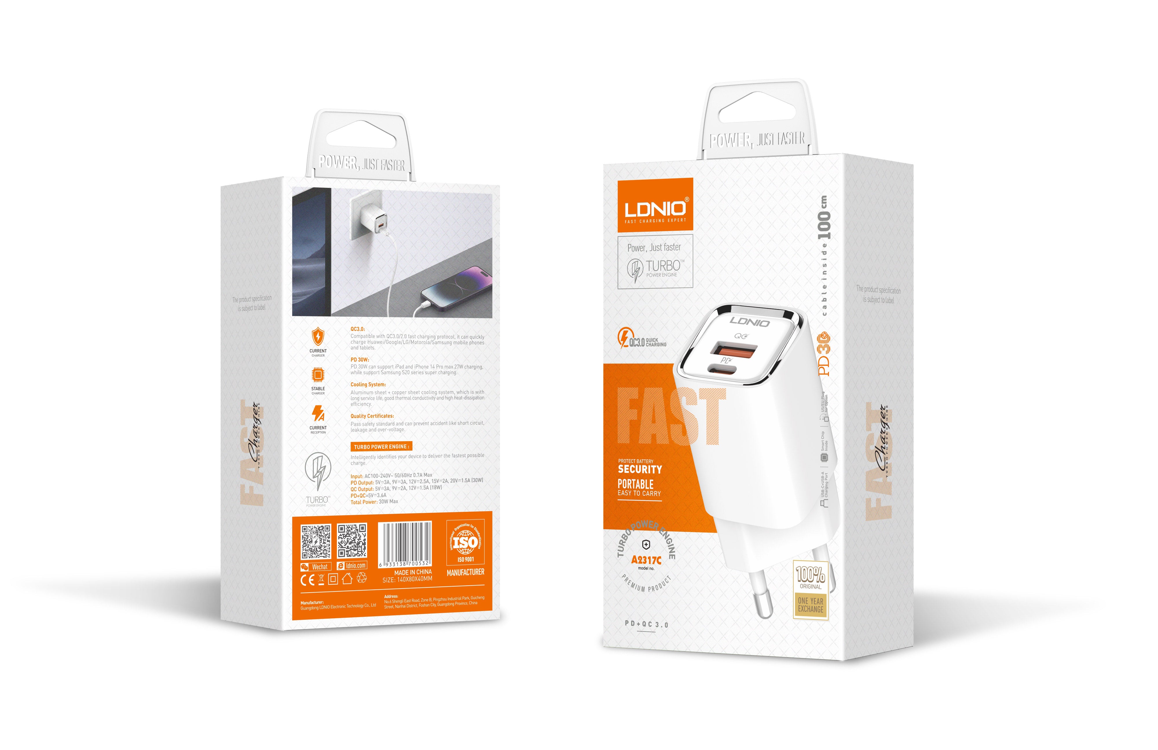 A2317C 30W Hurtiglader med 2 utganger - PD/QC3.0