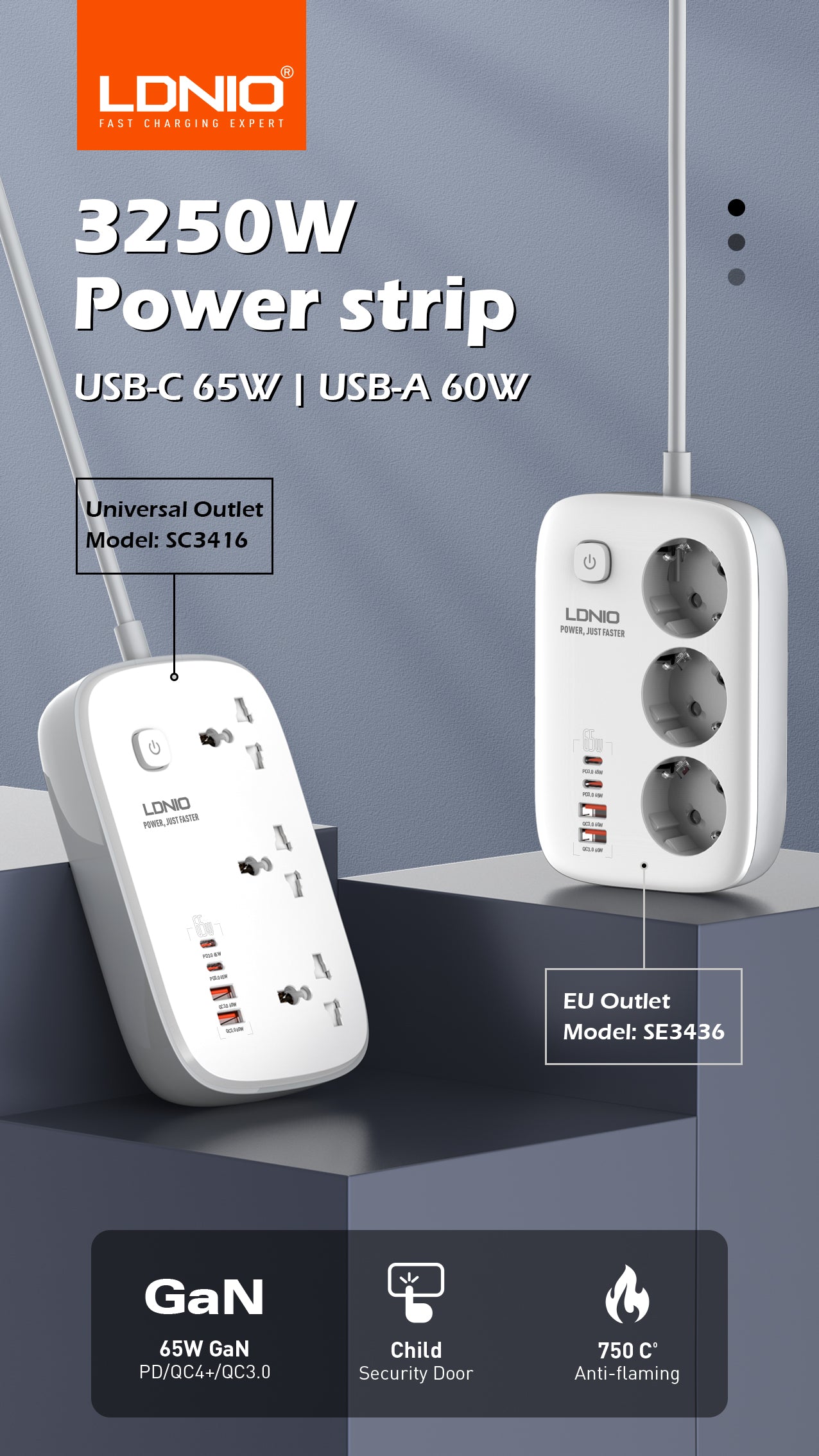 SE3436 Forgreningskontakt med 3 strømkontakter, 3 USB og 1 USB-C hurtiglader