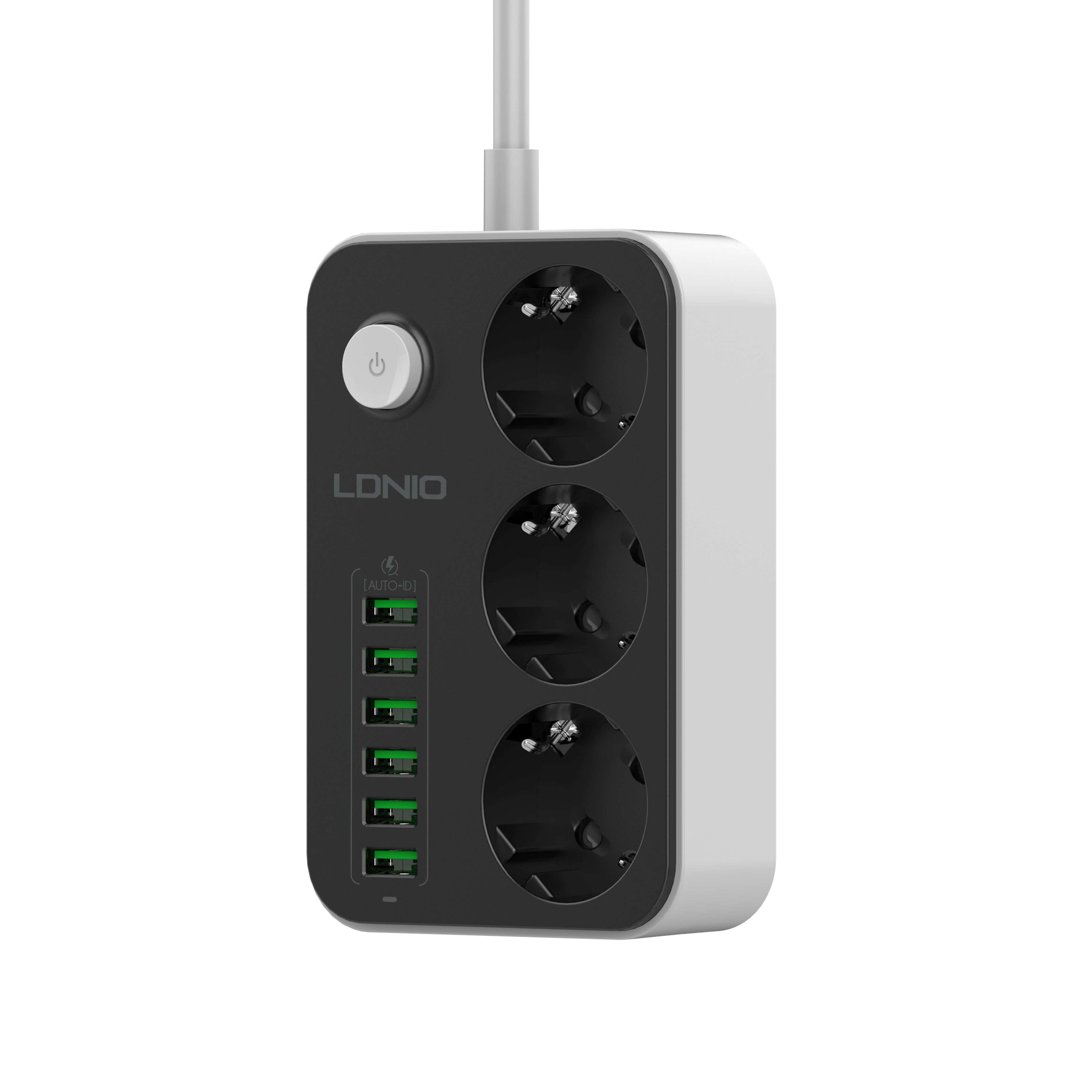 Kabelfelle/kabeforgrener - 2500W med 3 strømuttak og 6 USB utganger