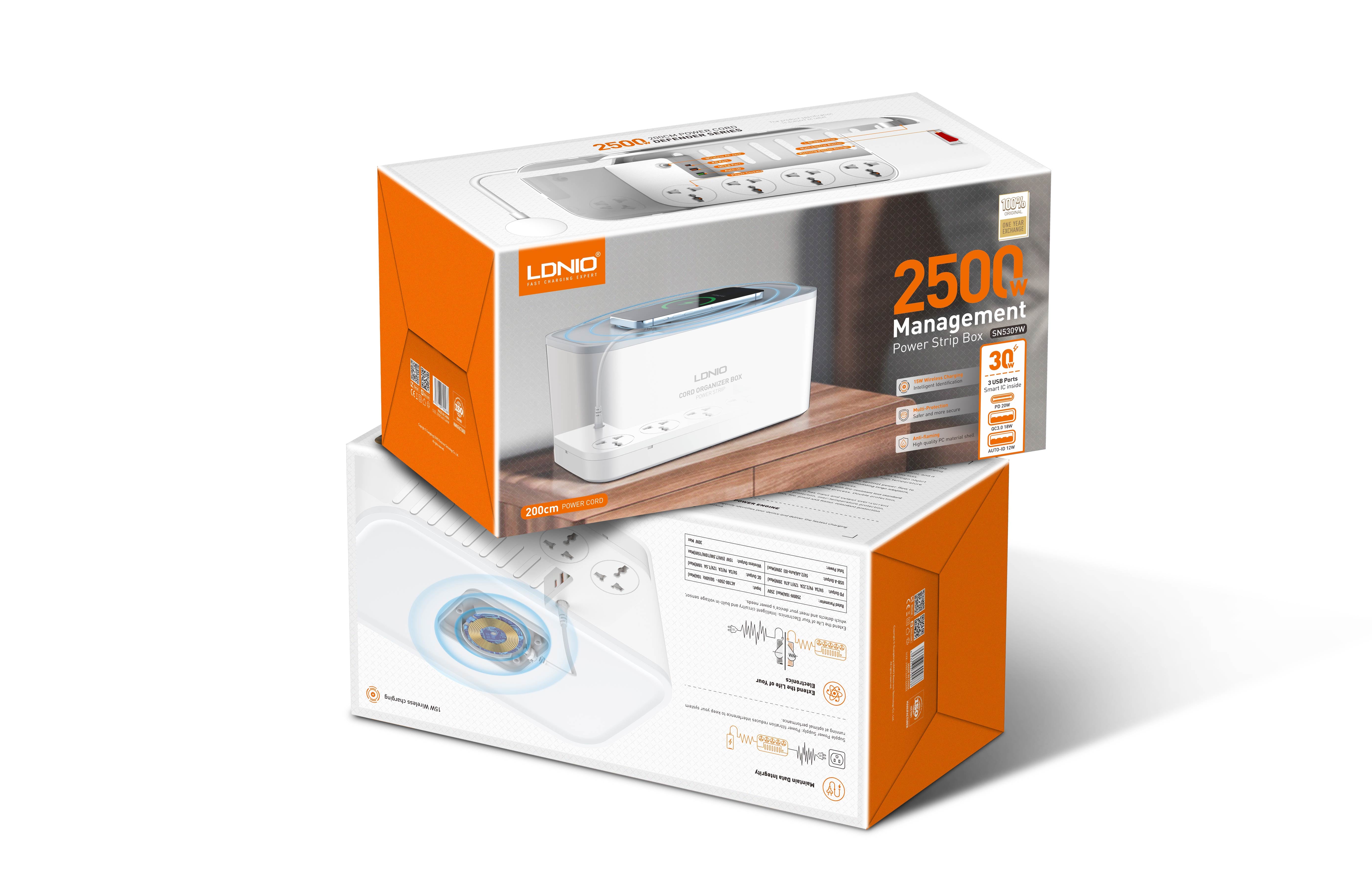 Kabelboks med 5 strømuttak, PD utgang, QC (USB-C), USB og 15W ladeplate på toppen.