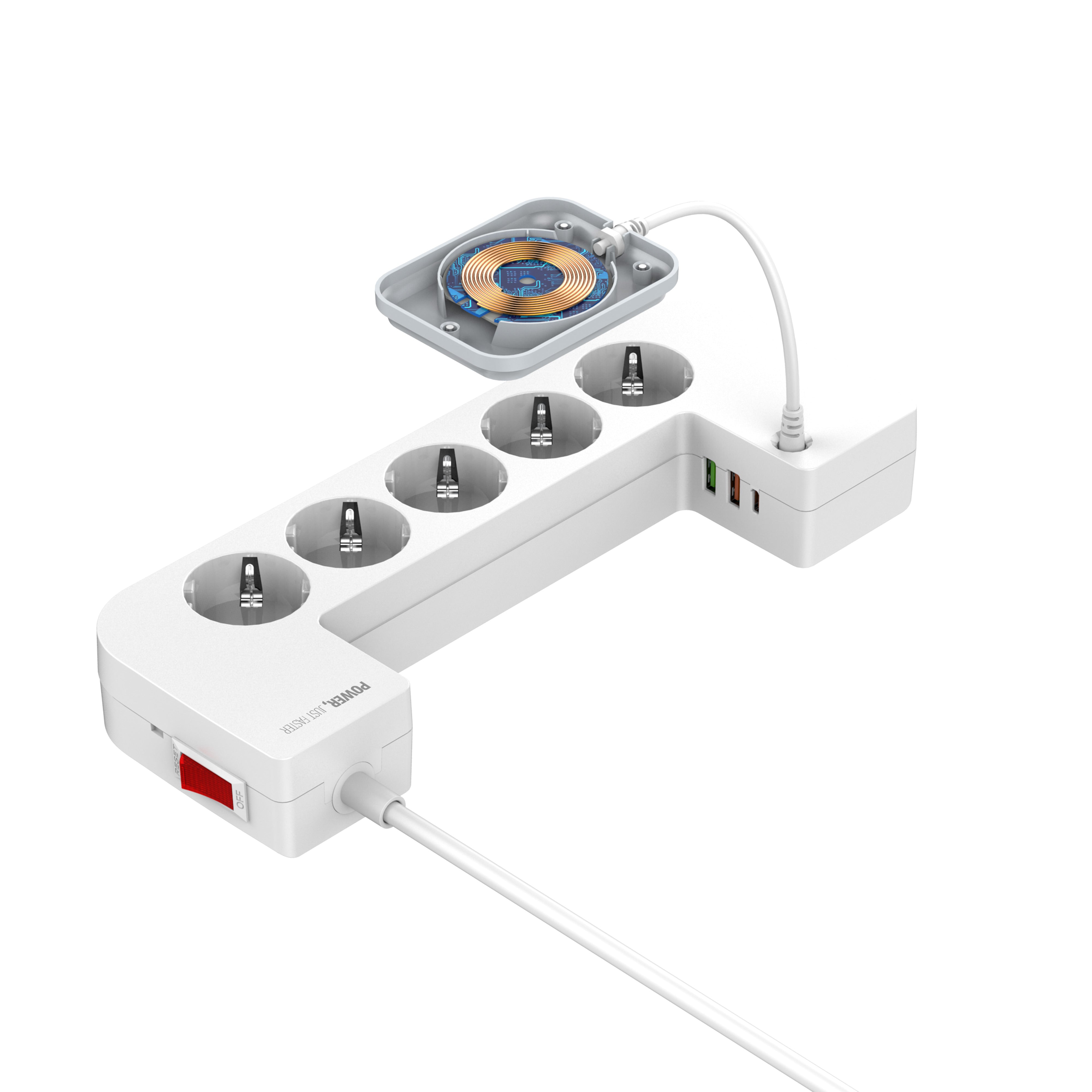 Kabelboks med 5 strømuttak, PD utgang, QC (USB-C), USB og 15W ladeplate på toppen.