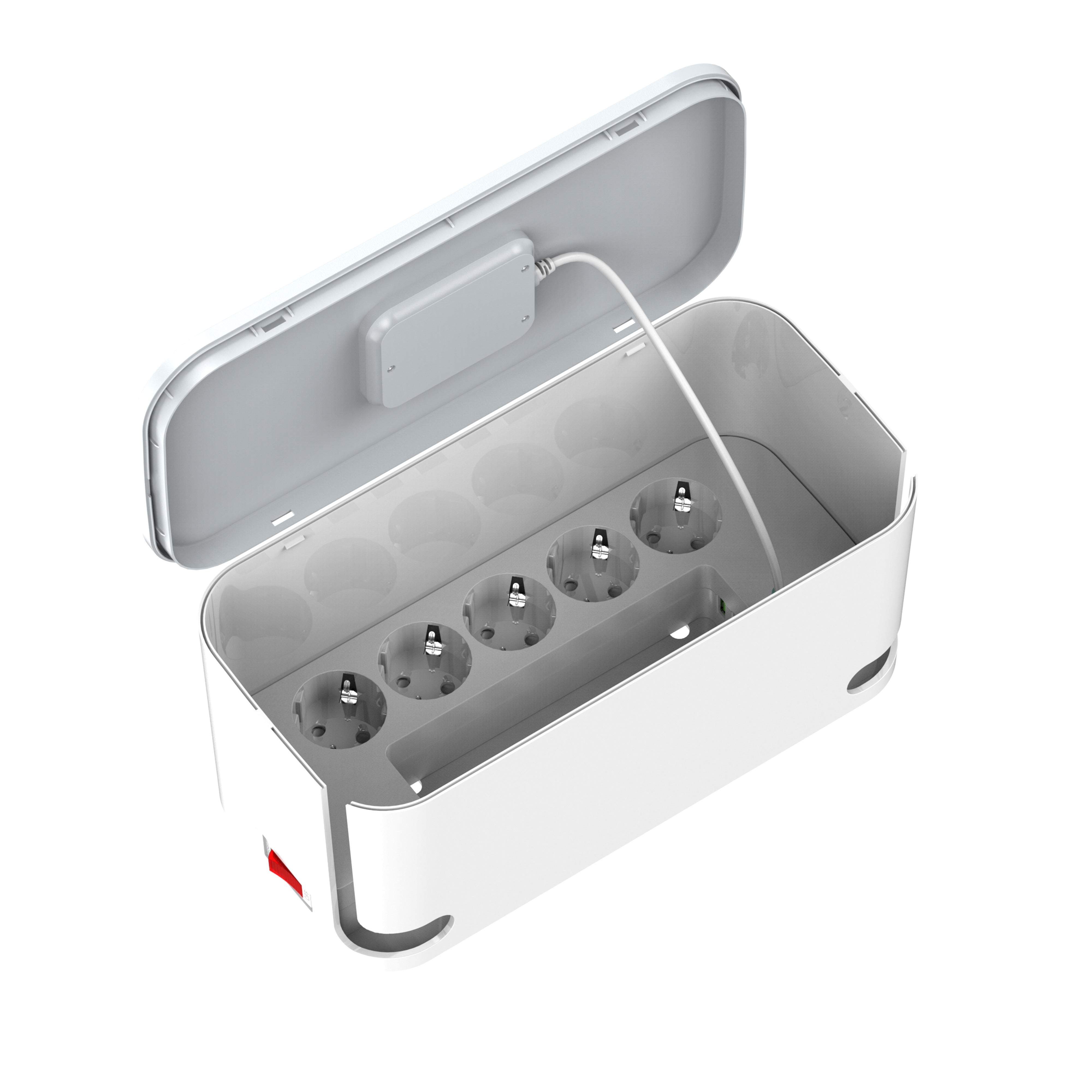 Kabelboks med 5 strømuttak, PD utgang, QC (USB-C), USB og 15W ladeplate på toppen.