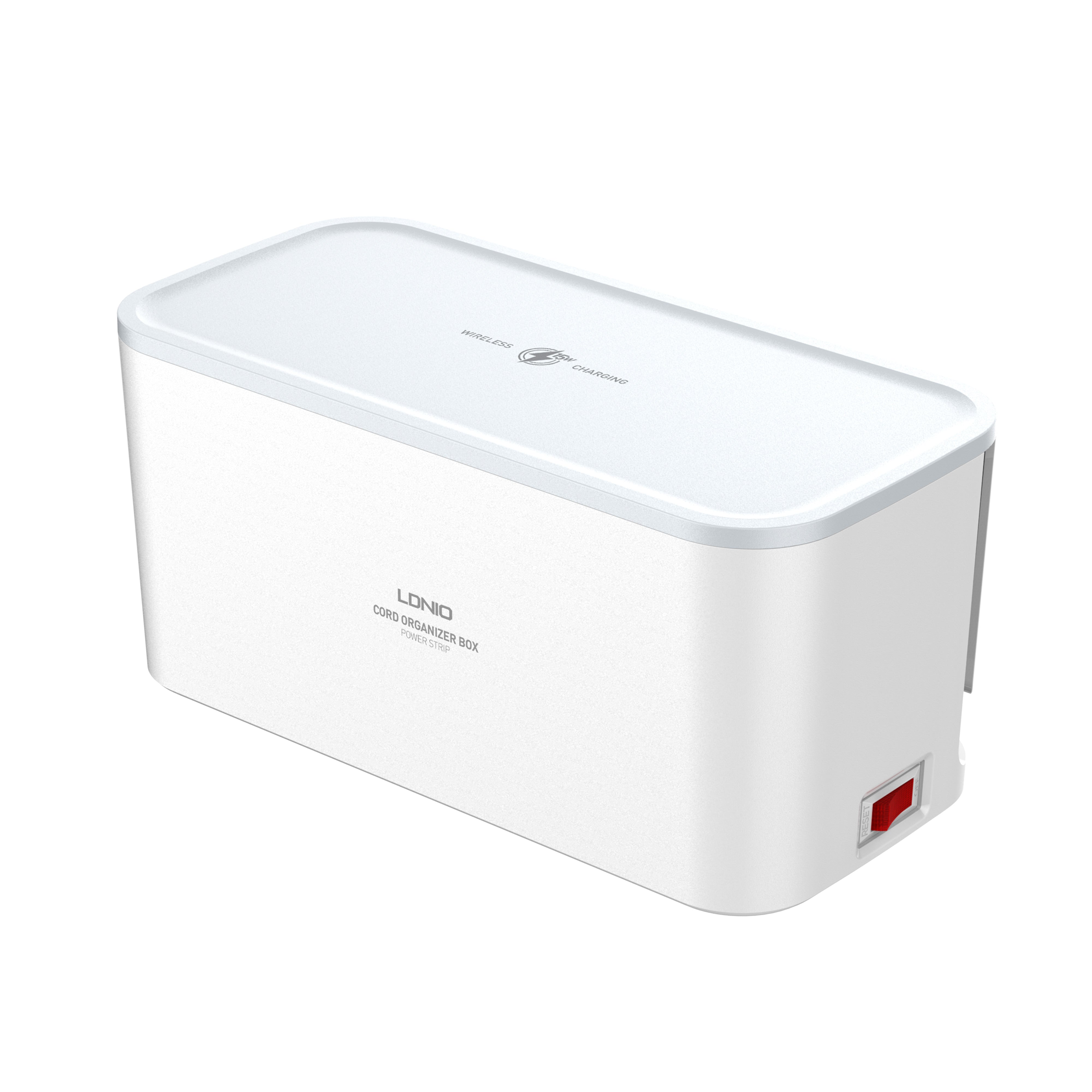 Kabelboks med 5 strømuttak, PD utgang, QC (USB-C), USB og 15W ladeplate på toppen.