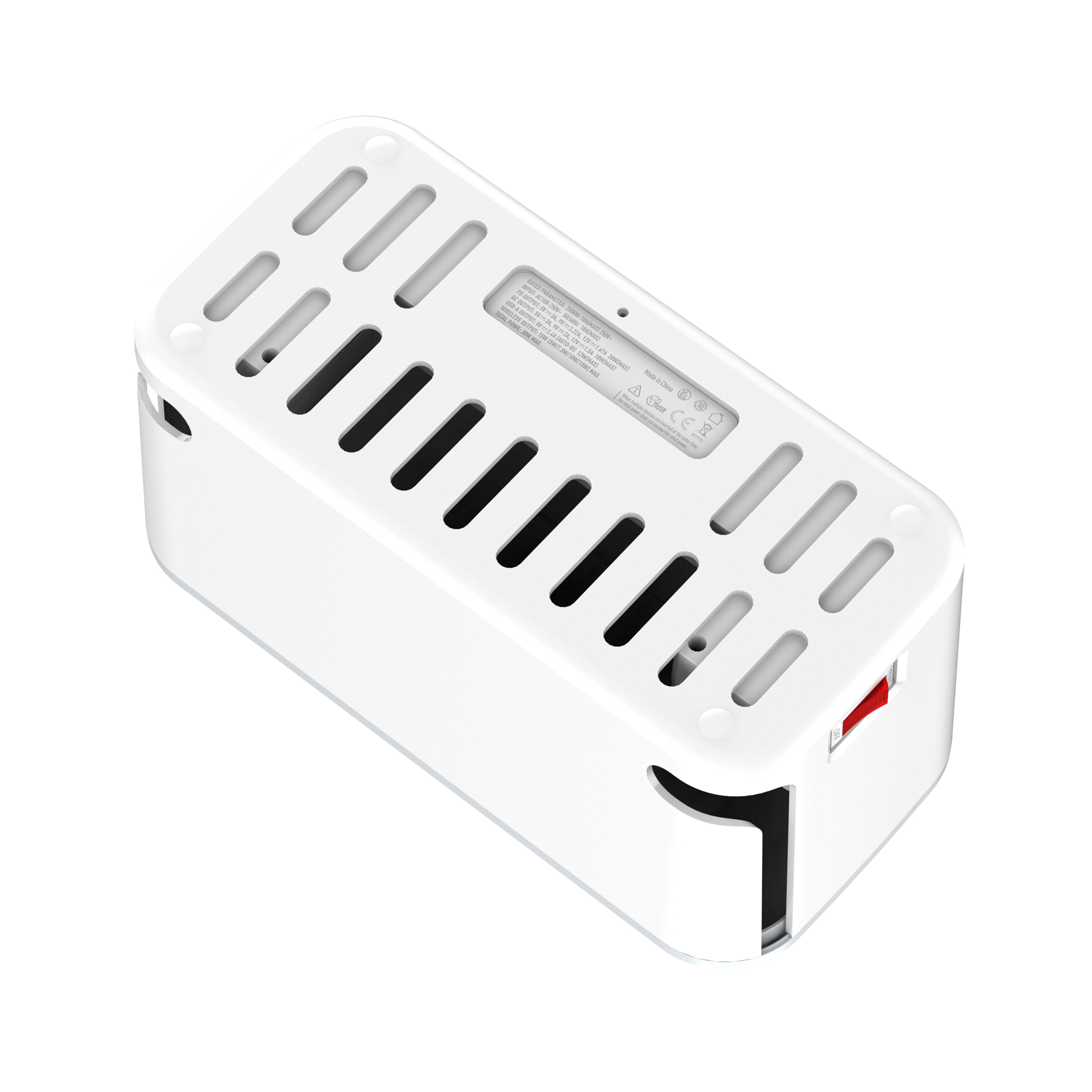 Kabelboks med 5 strømuttak, PD utgang, QC (USB-C), USB og 15W ladeplate på toppen.