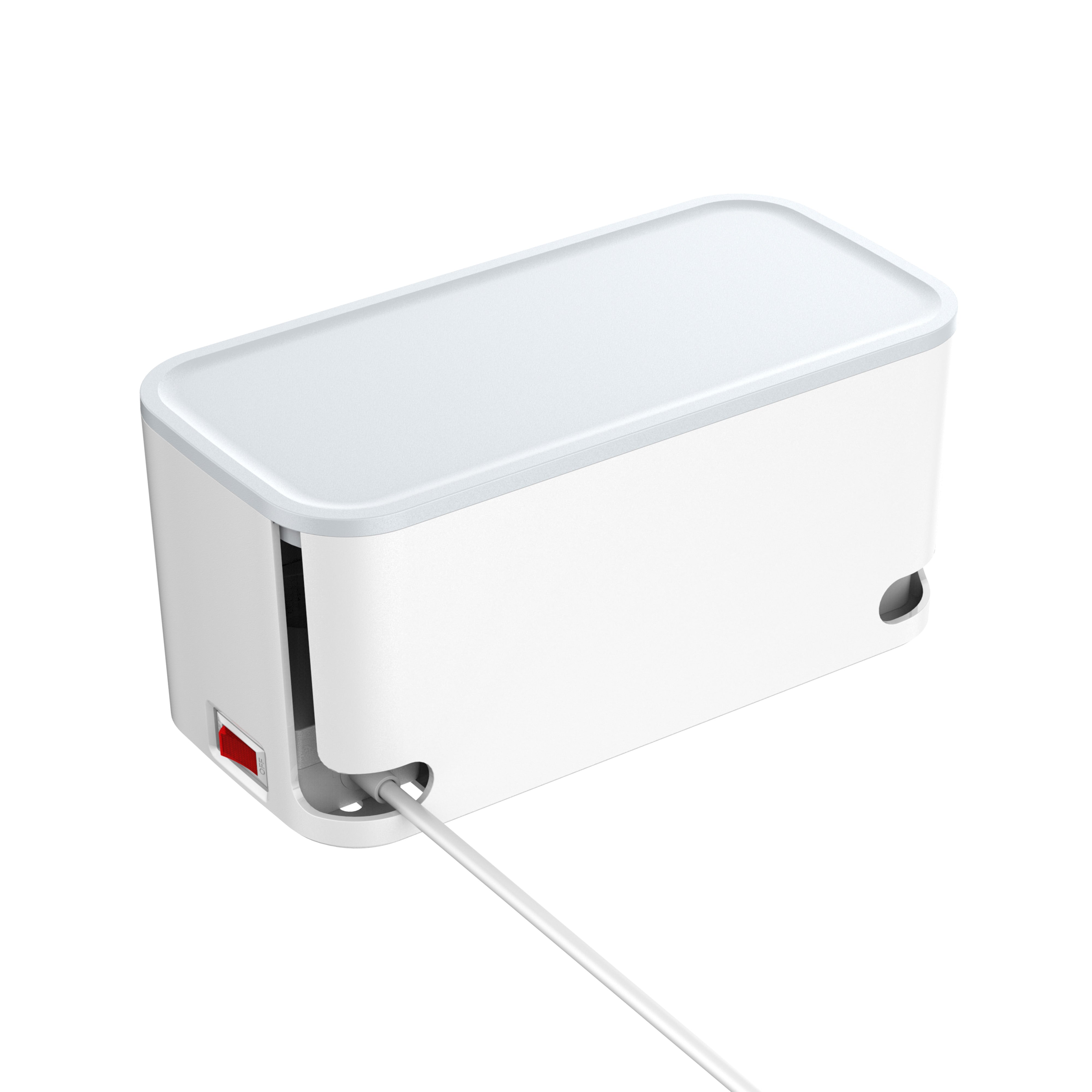 Kabelboks med 5 strømuttak, PD utgang, QC (USB-C), USB og 15W ladeplate på toppen.