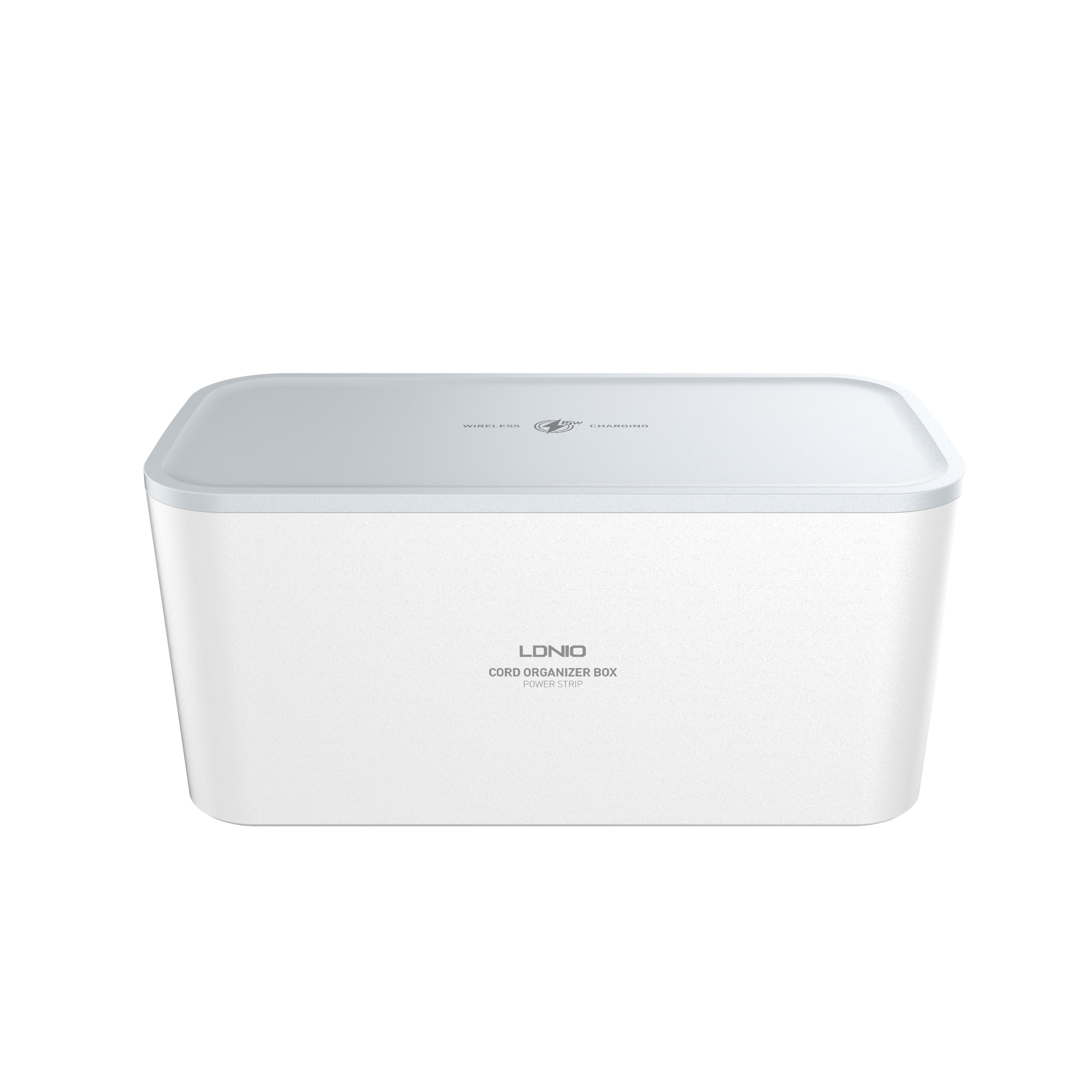 Kabelboks med 5 strømuttak, PD utgang, QC (USB-C), USB og 15W ladeplate på toppen.