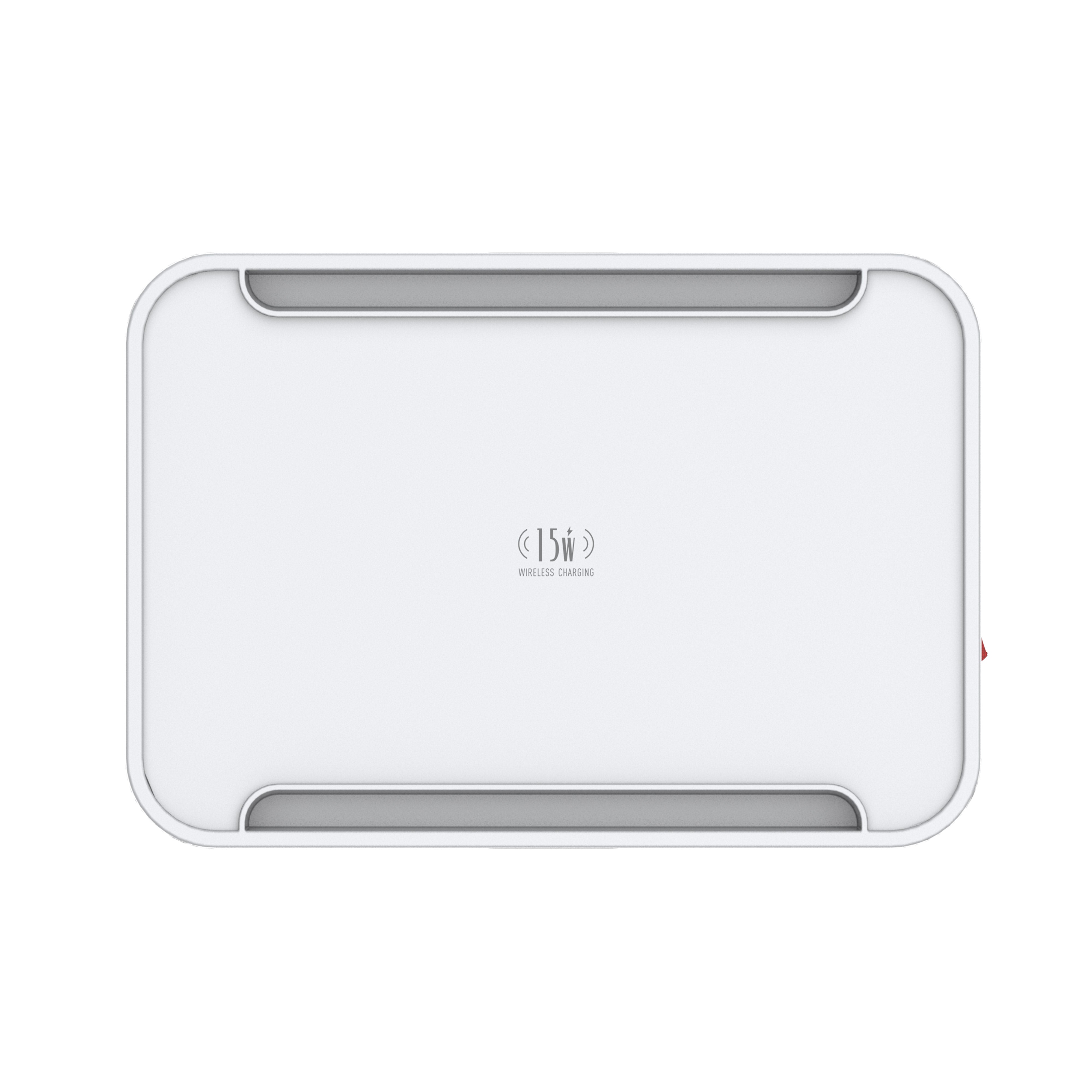 Kabelboks (lav og bredere) med 5 strømuttak, PD, QC, USB utganger og 15W ladeplate på toppen.