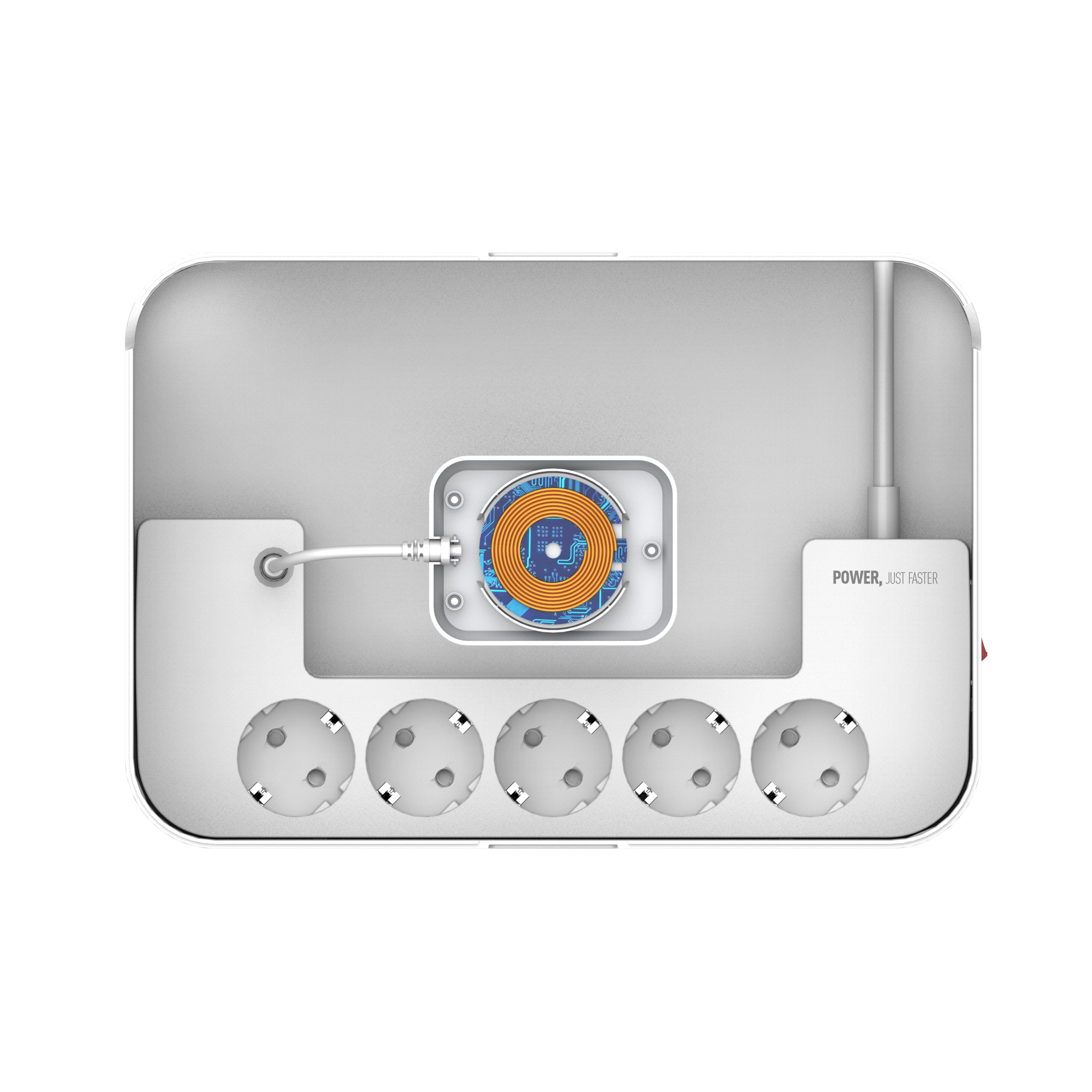 Kabelboks (lav og bredere) med 5 strømuttak, PD, QC, USB utganger og 15W ladeplate på toppen.