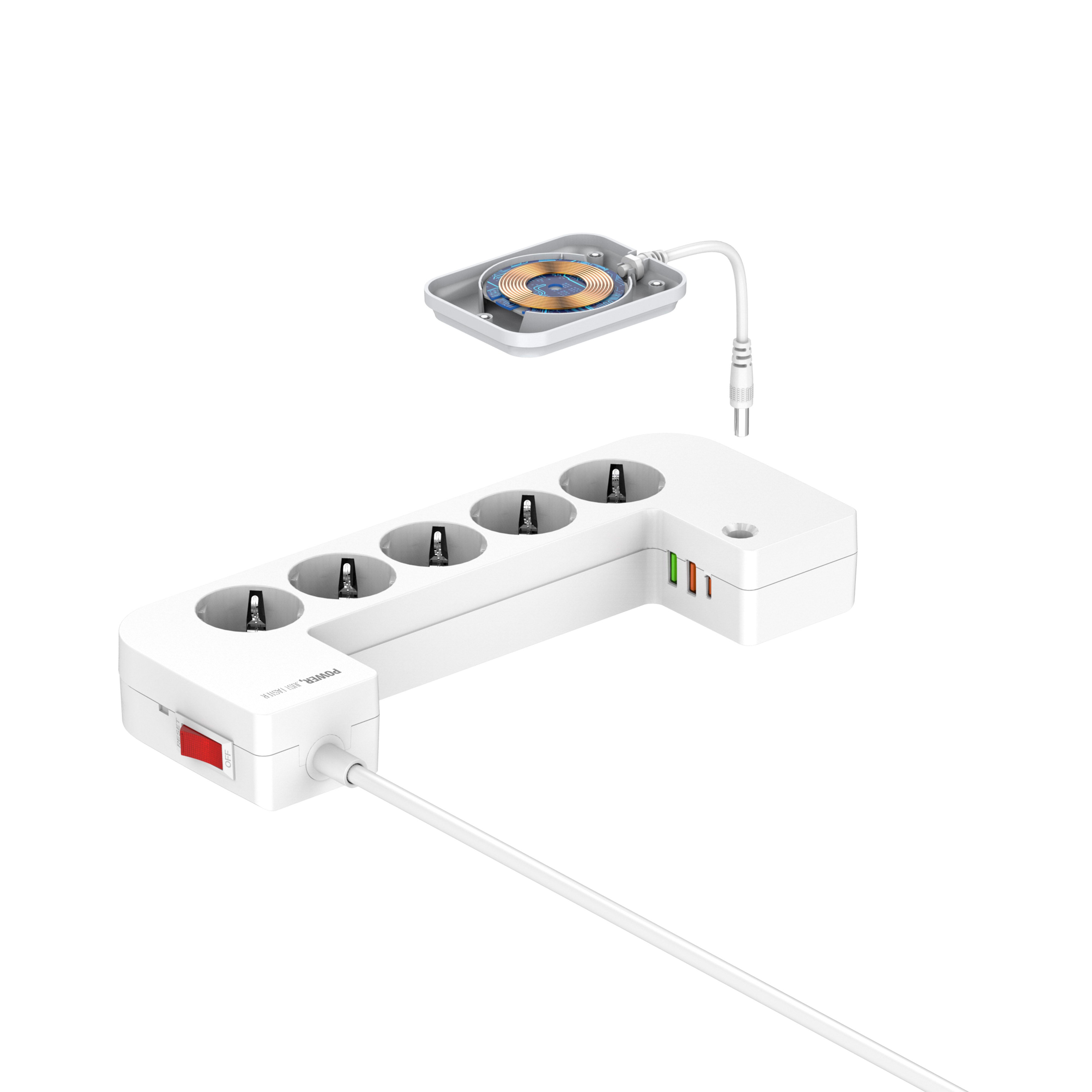 Kabelboks (lav og bredere) med 5 strømuttak, PD, QC, USB utganger og 15W ladeplate på toppen.
