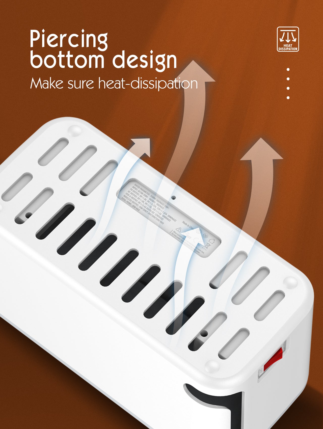 Kabelboks med 5 strømuttak, PD utgang, QC (USB-C), USB og 15W ladeplate på toppen.