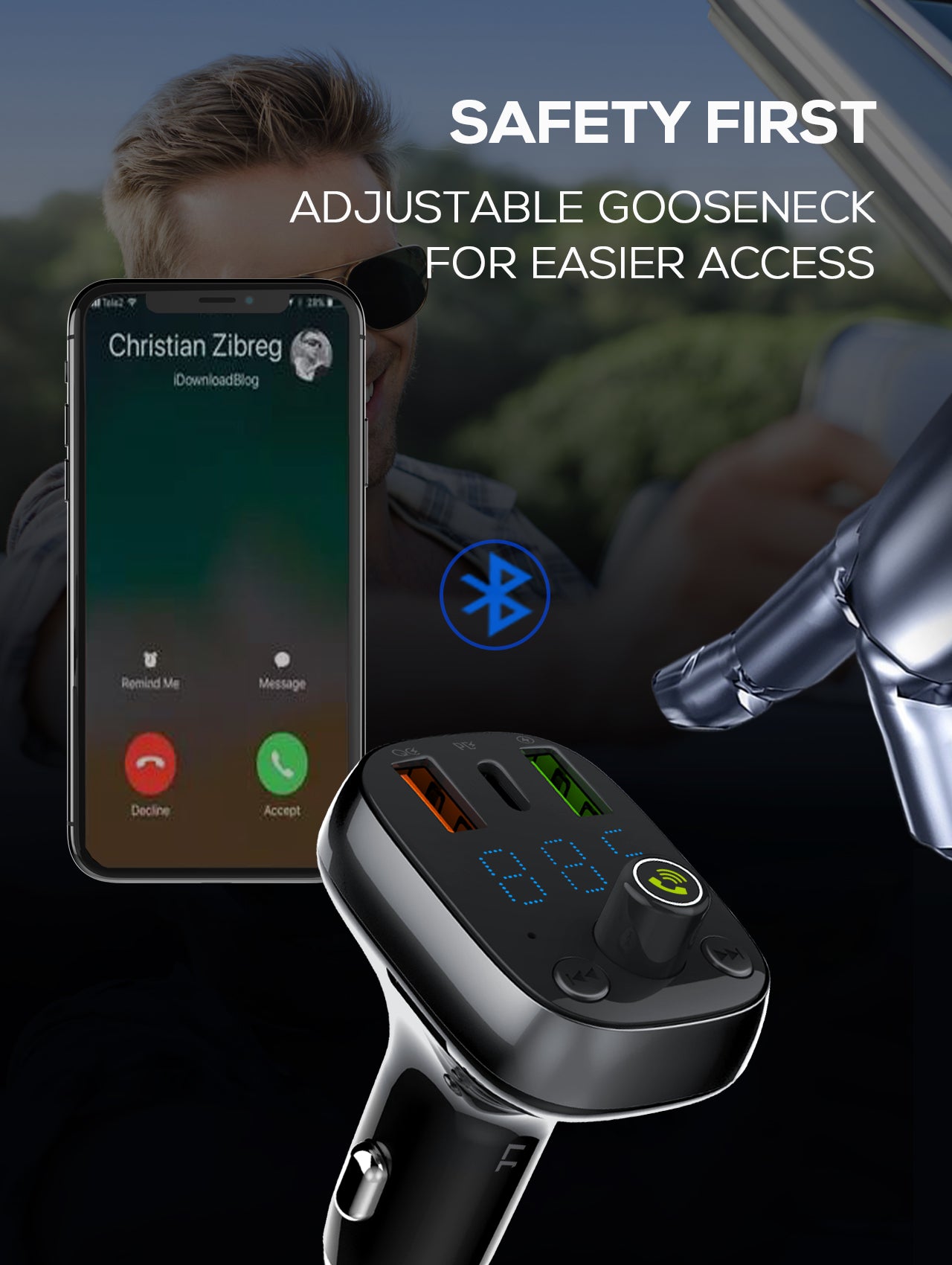 30W billader med innebygget handsfree for Bluetooth 5.0
