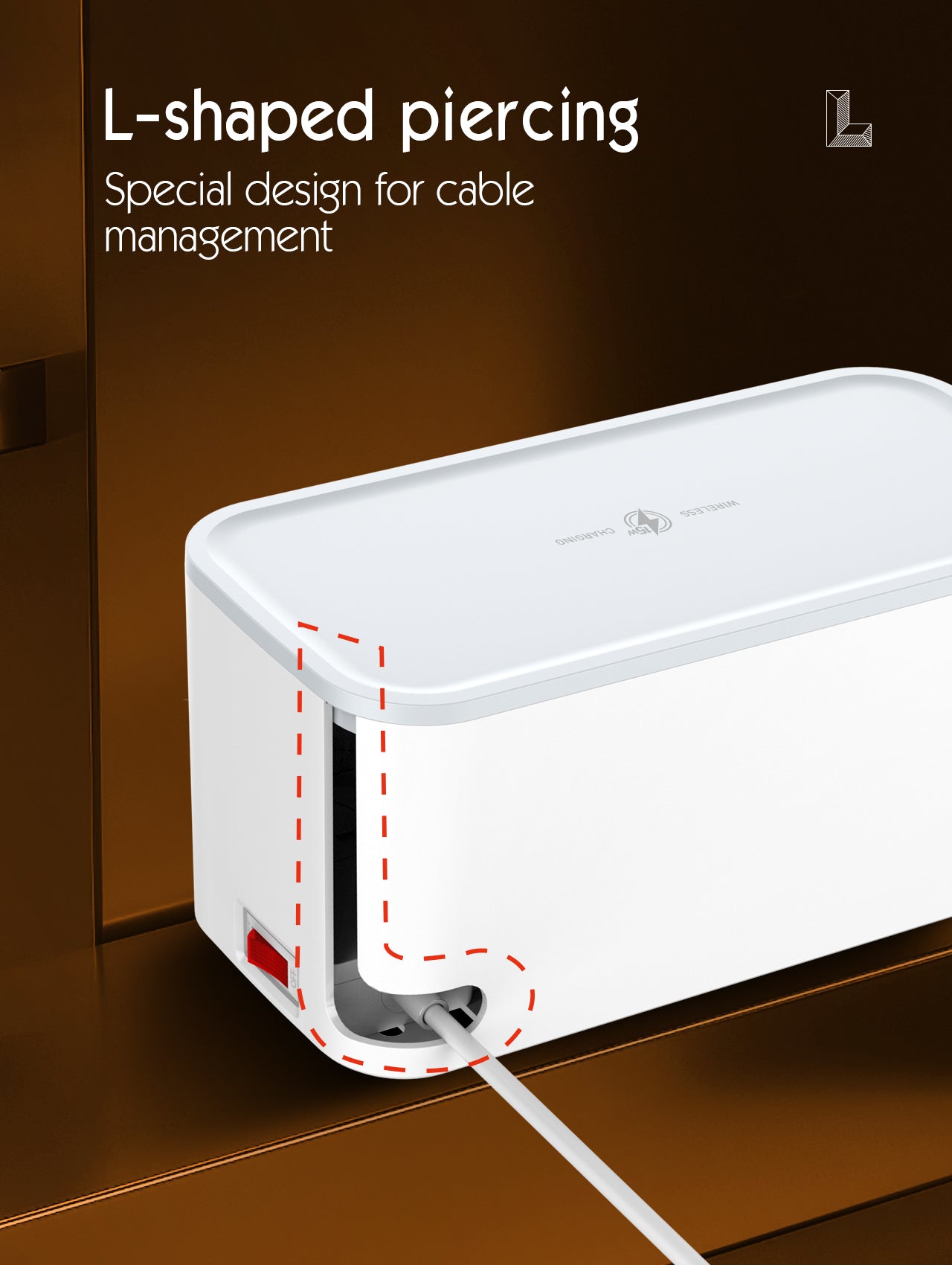 Kabelboks med 5 strømuttak, PD utgang, QC (USB-C), USB og 15W ladeplate på toppen.