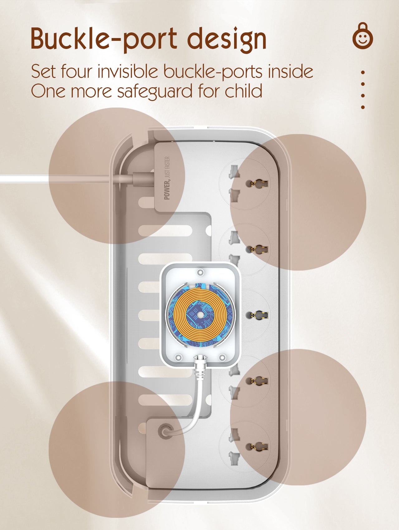 Kabelboks med 5 strømuttak, PD utgang, QC (USB-C), USB og 15W ladeplate på toppen.