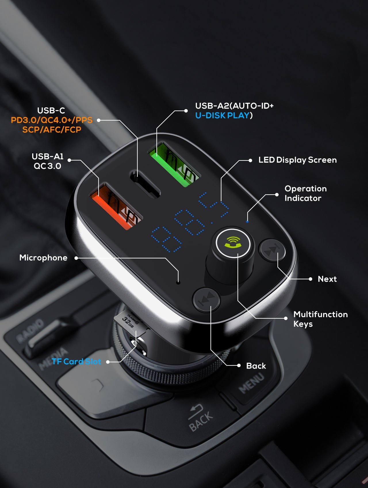 30W billader med innebygget handsfree for Bluetooth 5.0
