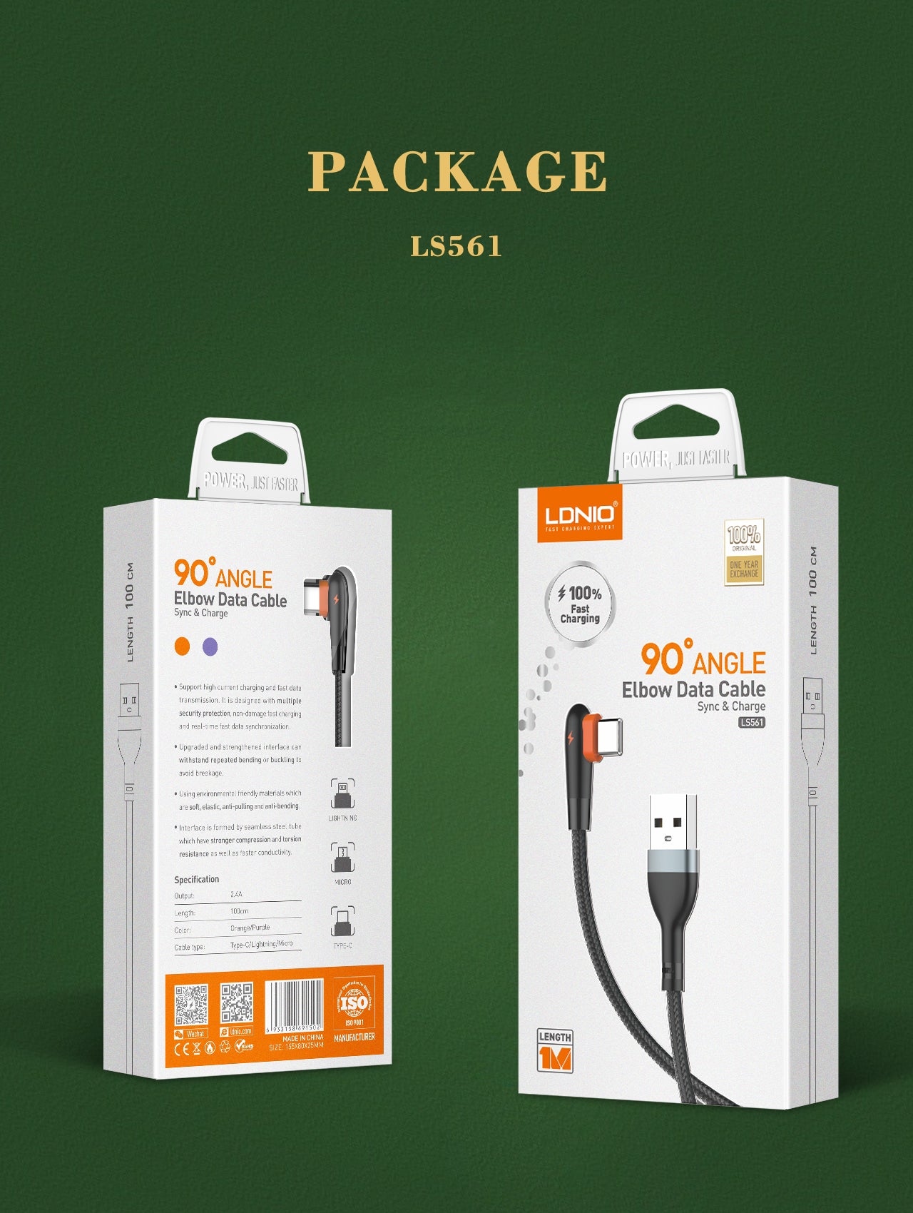 LS561 ladekabel med 90 graders bend på kontaktpluggen. Type C til C