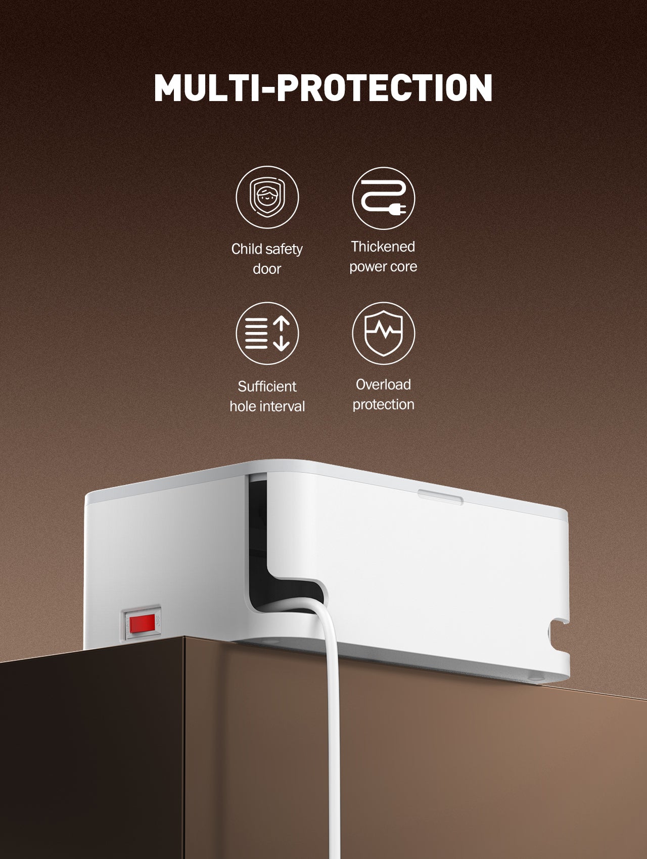 Kabelboks (lav og bredere) med 5 strømuttak, PD, QC, USB utganger og 15W ladeplate på toppen.