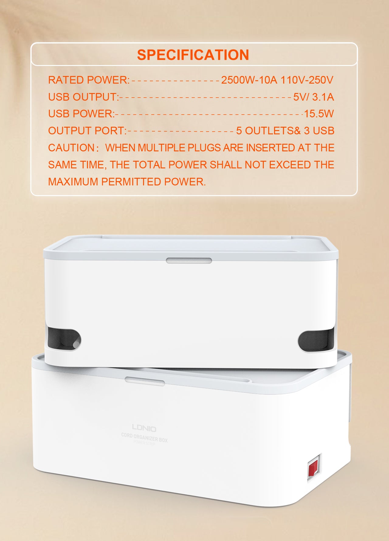 SN5310-N Kabelboks med 5 strømkontakter, 3 USB utganger (lav/bred modell).