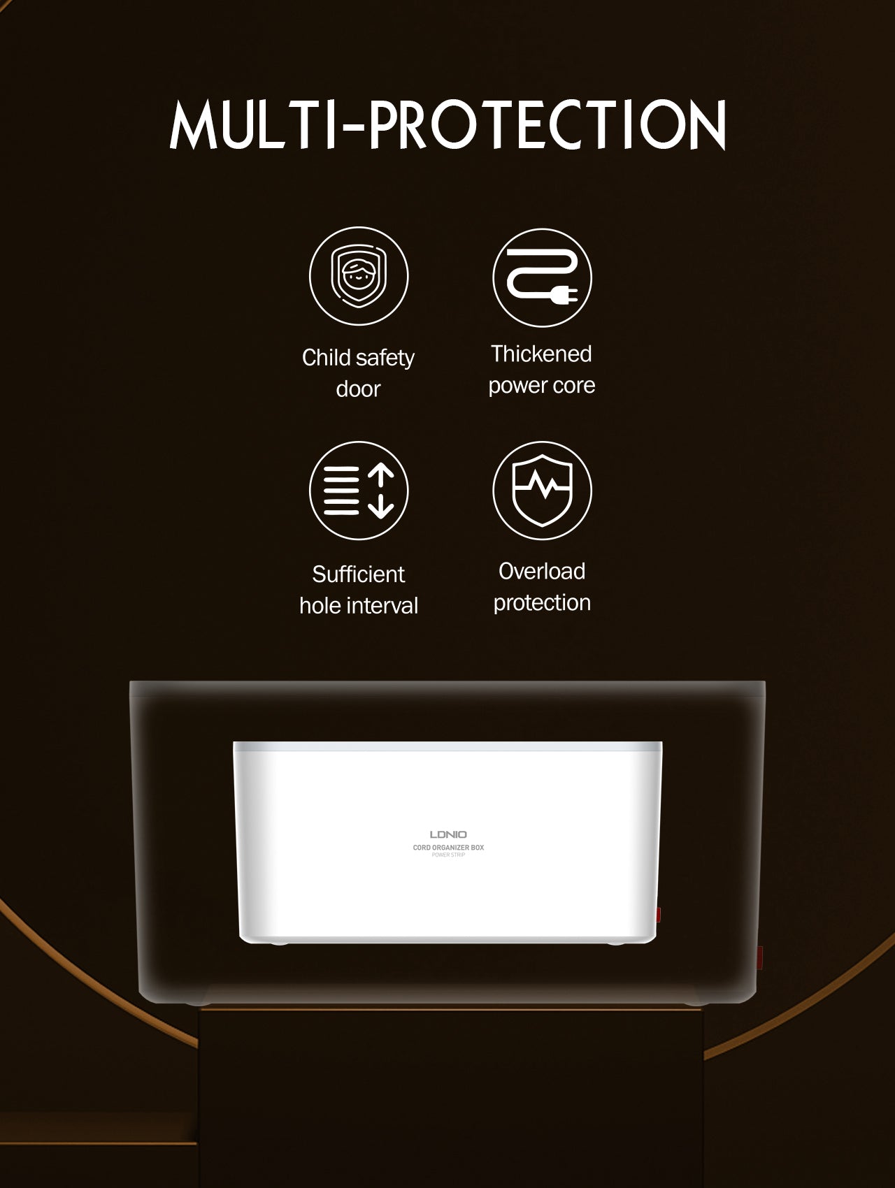 Kabelboks med 5 strømuttak, PD utgang, QC (USB-C), USB og 15W ladeplate på toppen.