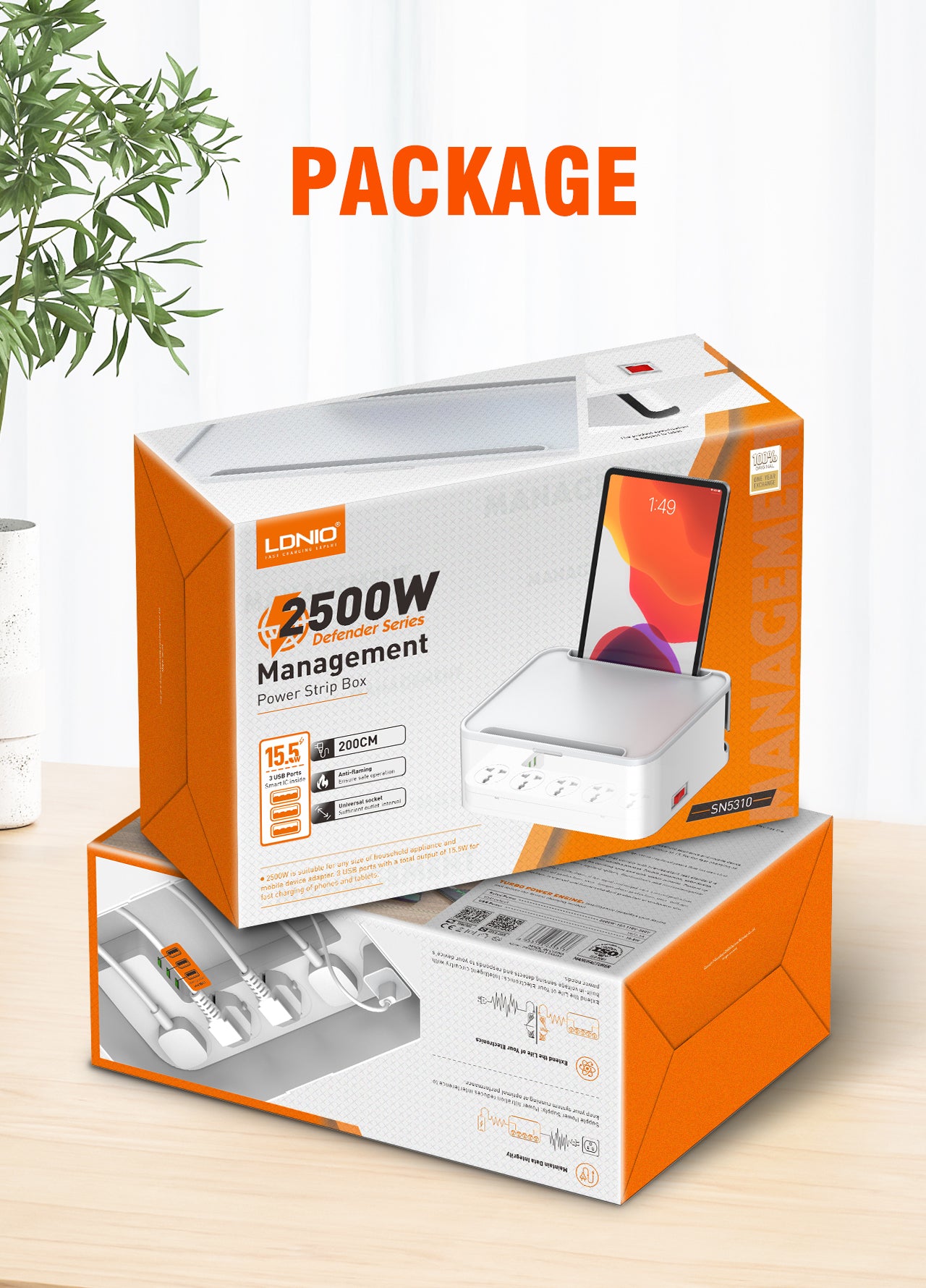 SN5310-N Kabelboks med 5 strømkontakter, 3 USB utganger (lav/bred modell).