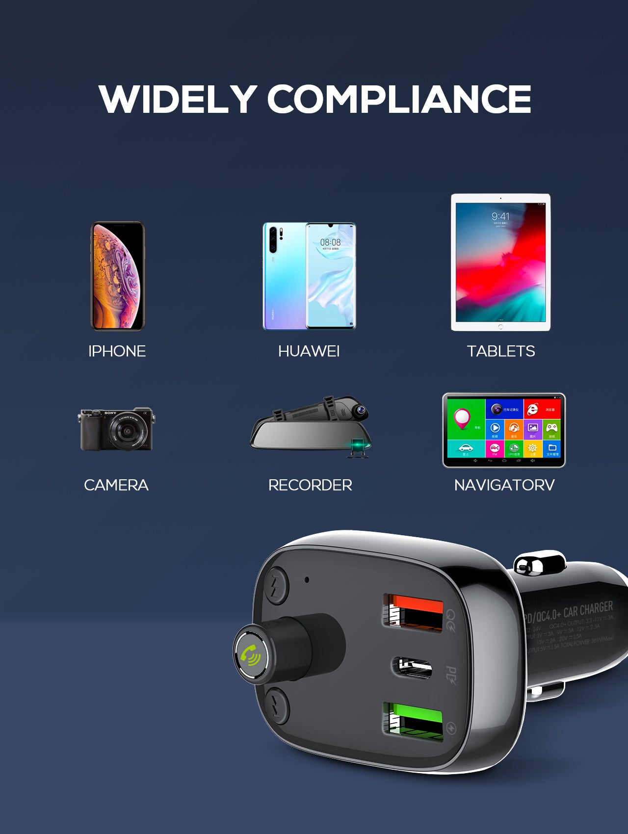30W billader med innebygget handsfree for Bluetooth 5.0