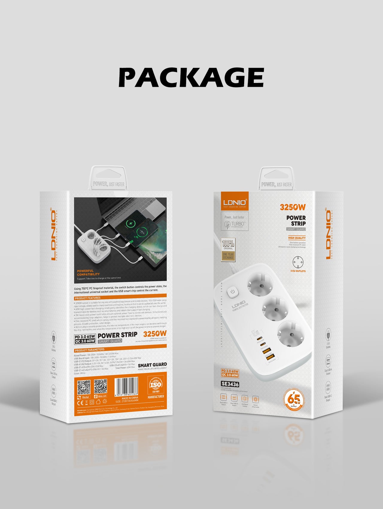 SE3436 Forgreningskontakt med 3 strømkontakter, 3 USB og 1 USB-C hurtiglader