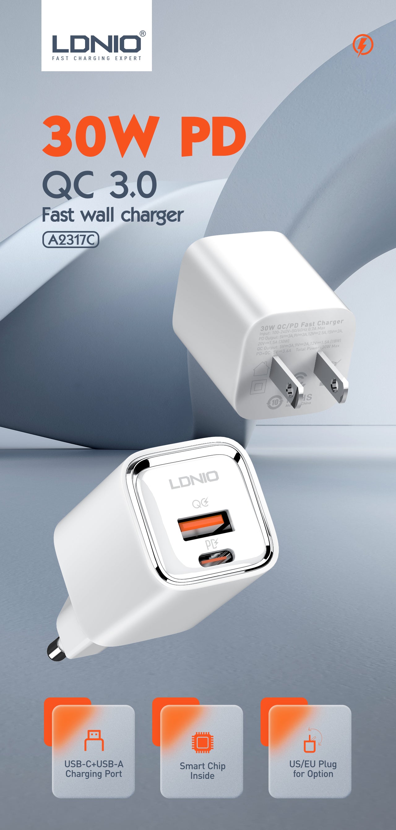 A2317C 30W Hurtiglader med 2 utganger - PD/QC3.0