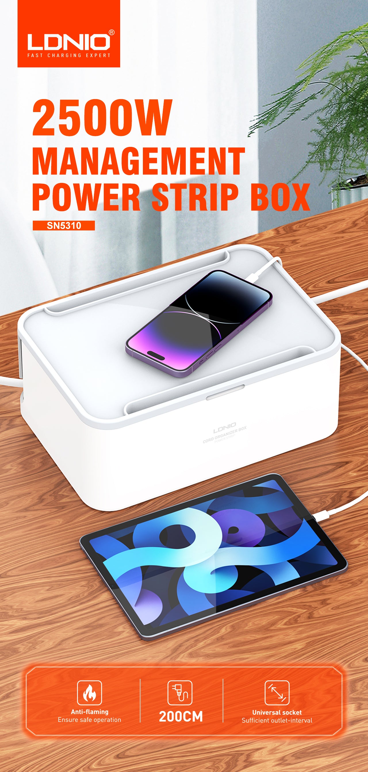 SN5310-N Kabelboks med 5 strømkontakter, 3 USB utganger (lav/bred modell).