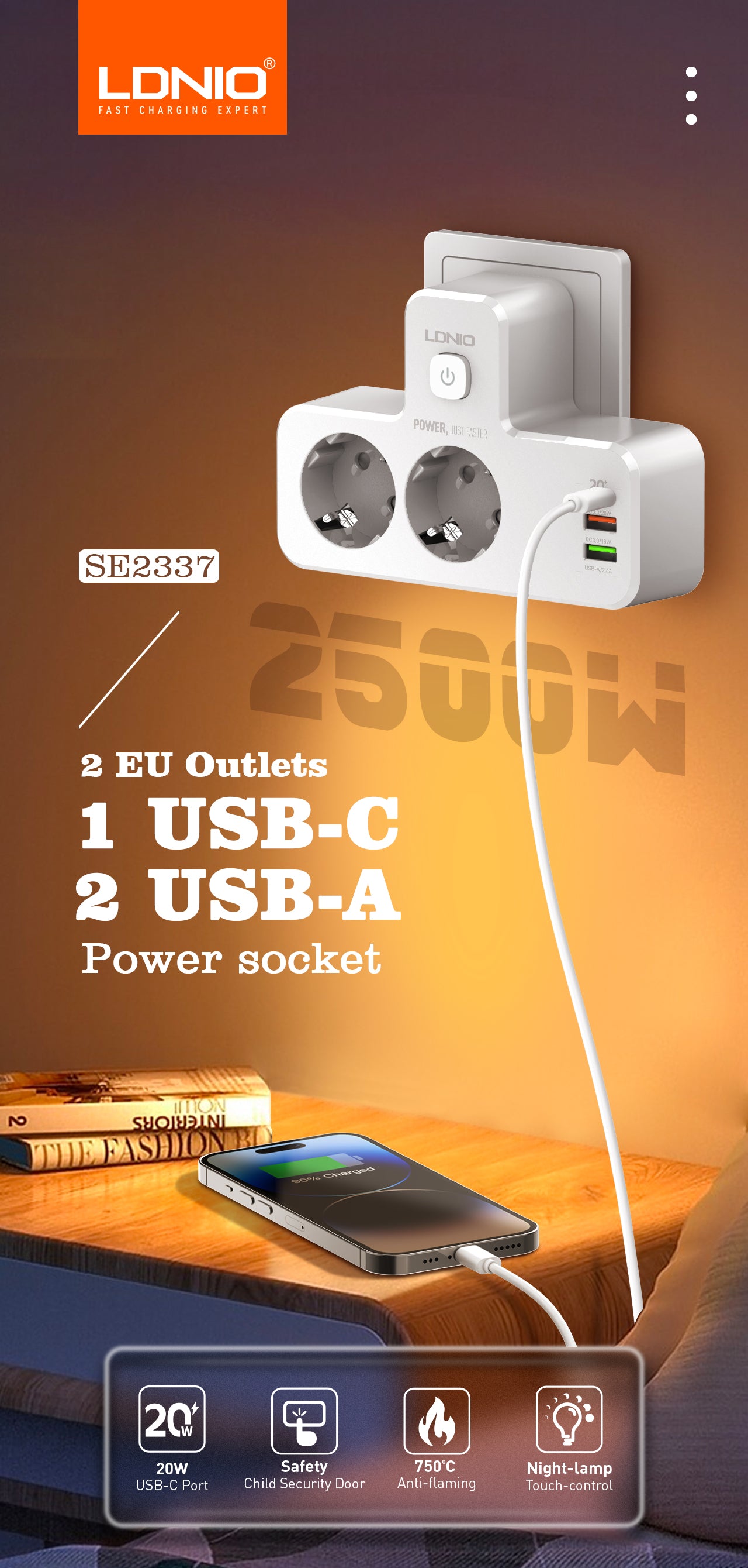 SE2337 Dobbel stikkontakt med 3 USB/USB-C og justerbart nattlys