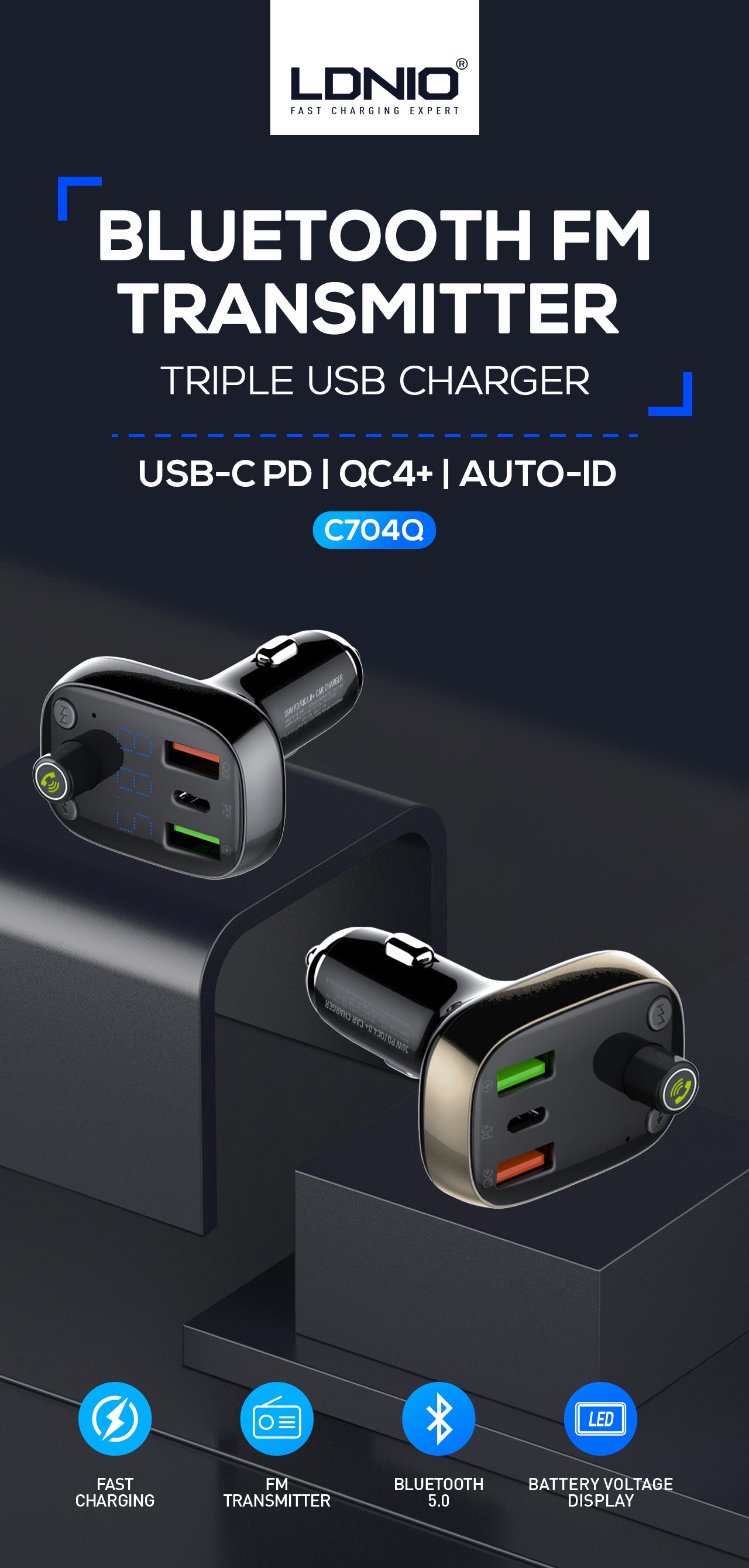 30W billader med innebygget handsfree for Bluetooth 5.0