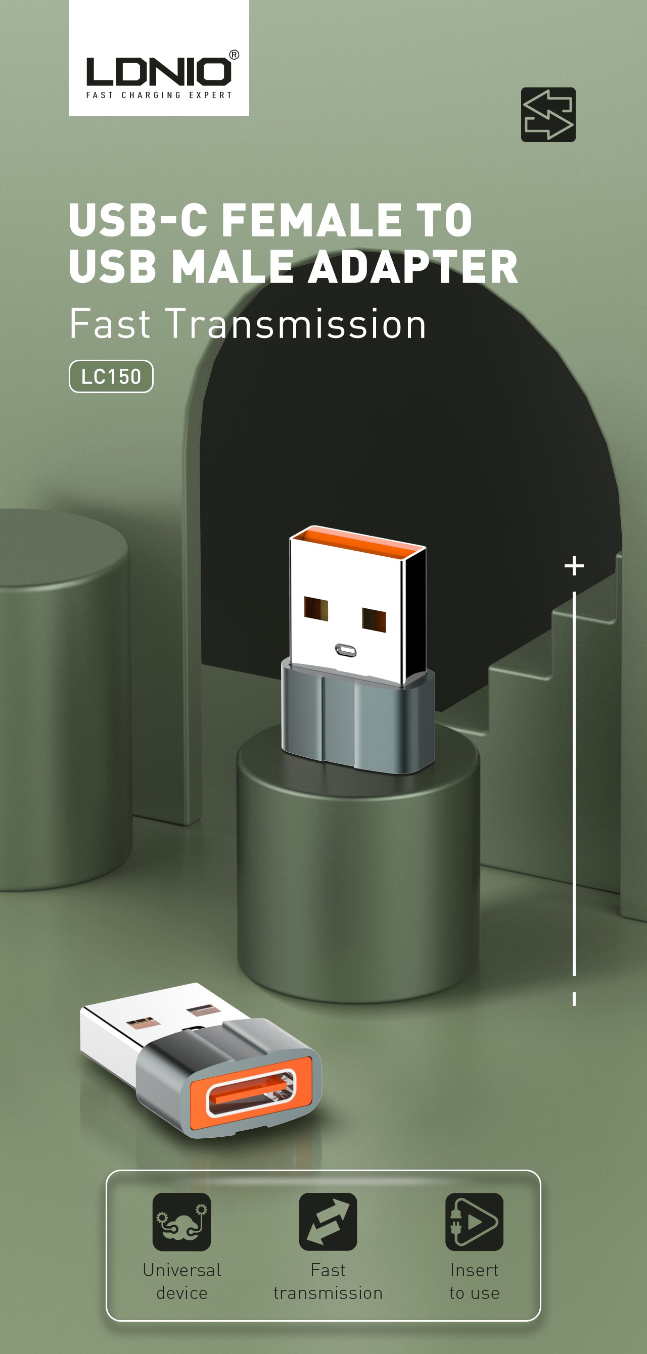 LC150 - overgang type-C til USB - støtter hurtiglading