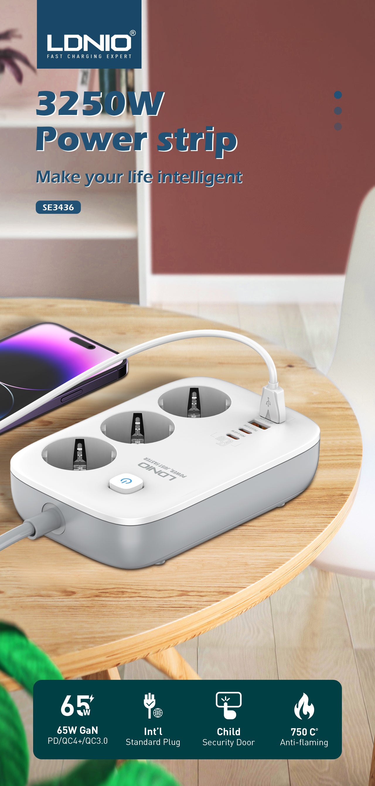 SE3436 Forgreningskontakt med 3 strømkontakter, 3 USB og 1 USB-C hurtiglader