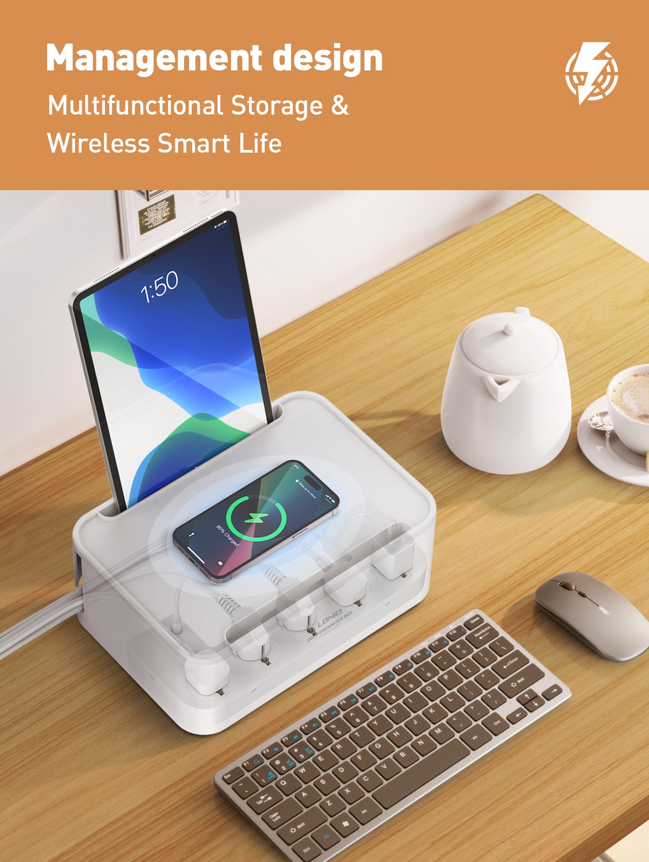 Kabelboks (lav og bredere) med 5 strømuttak, PD, QC, USB utganger og 15W ladeplate på toppen.