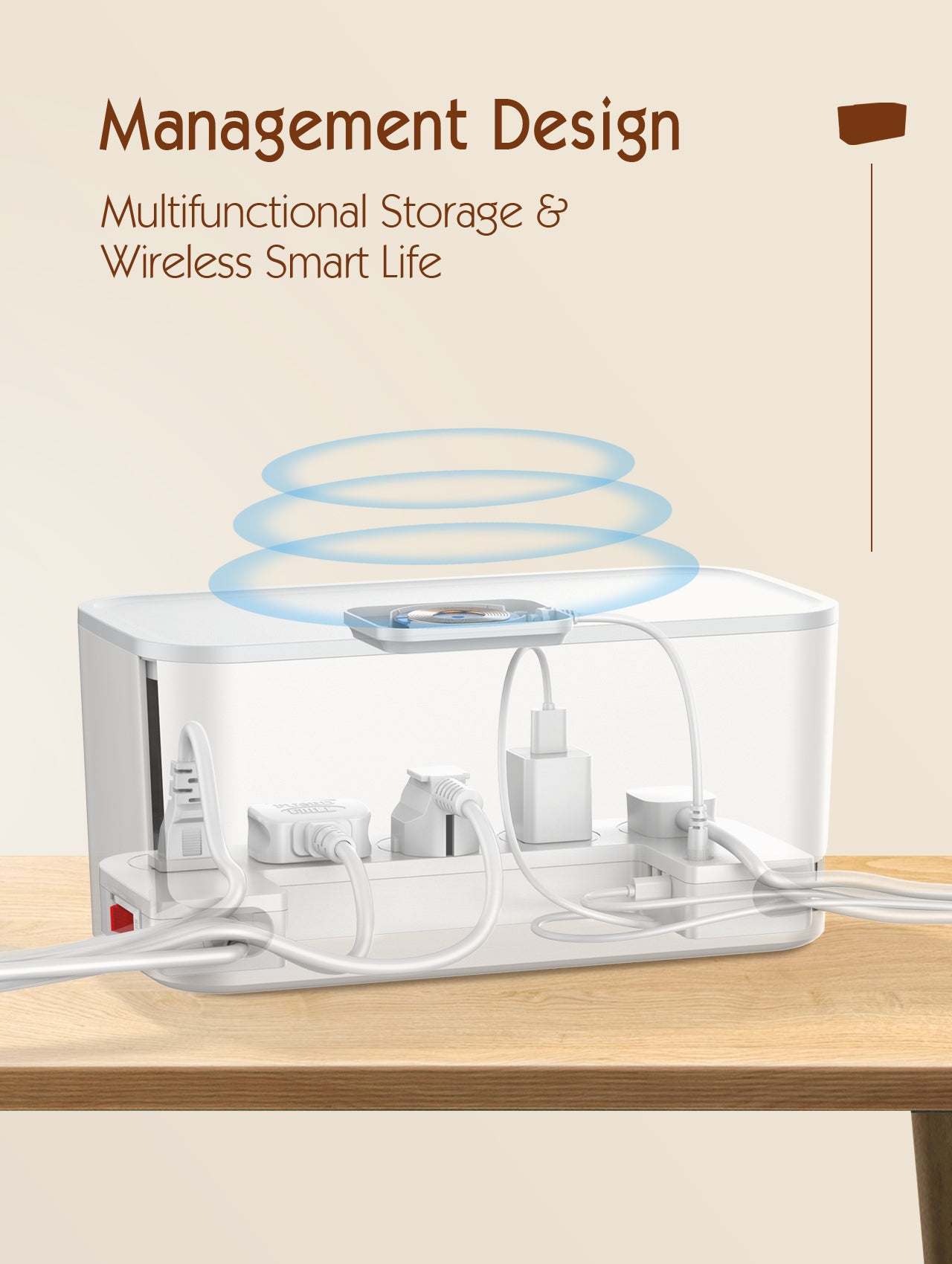 Kabelboks med 5 strømuttak, PD utgang, QC (USB-C), USB og 15W ladeplate på toppen.