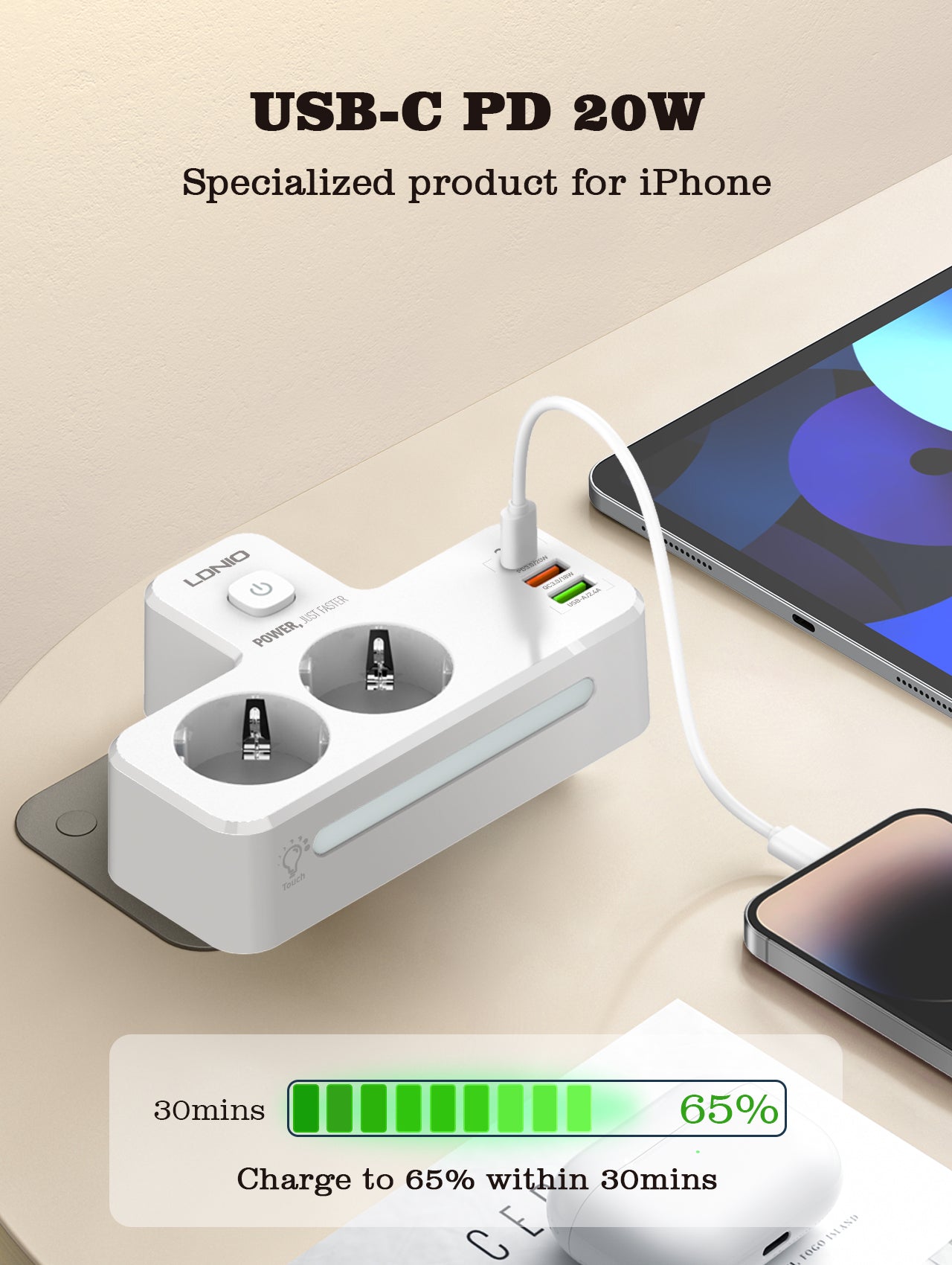 SE2337 Dobbel stikkontakt med 3 USB/USB-C og justerbart nattlys