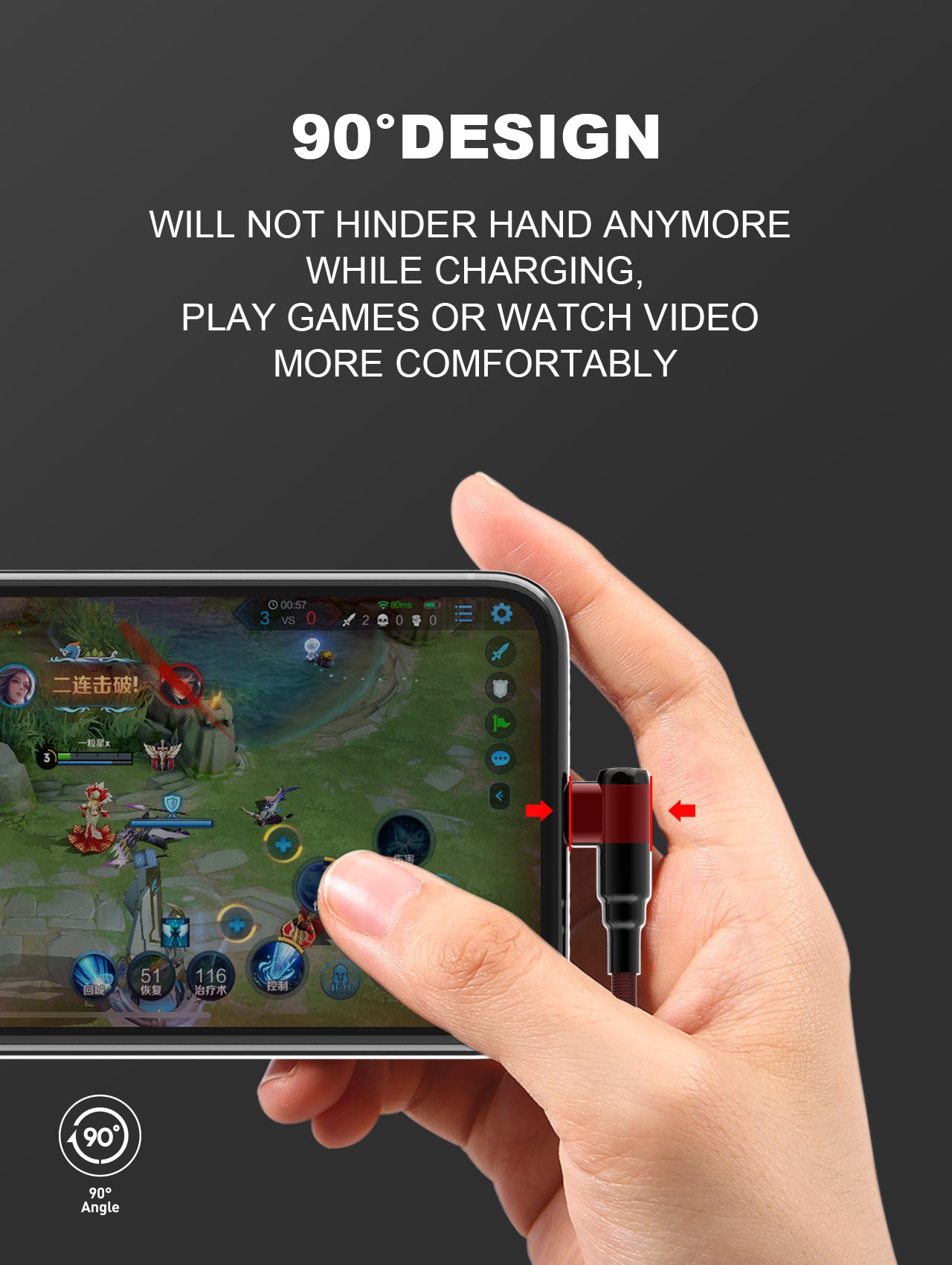 LS422 Ladekabel med 90 graders bend på begge kontakter type C til C