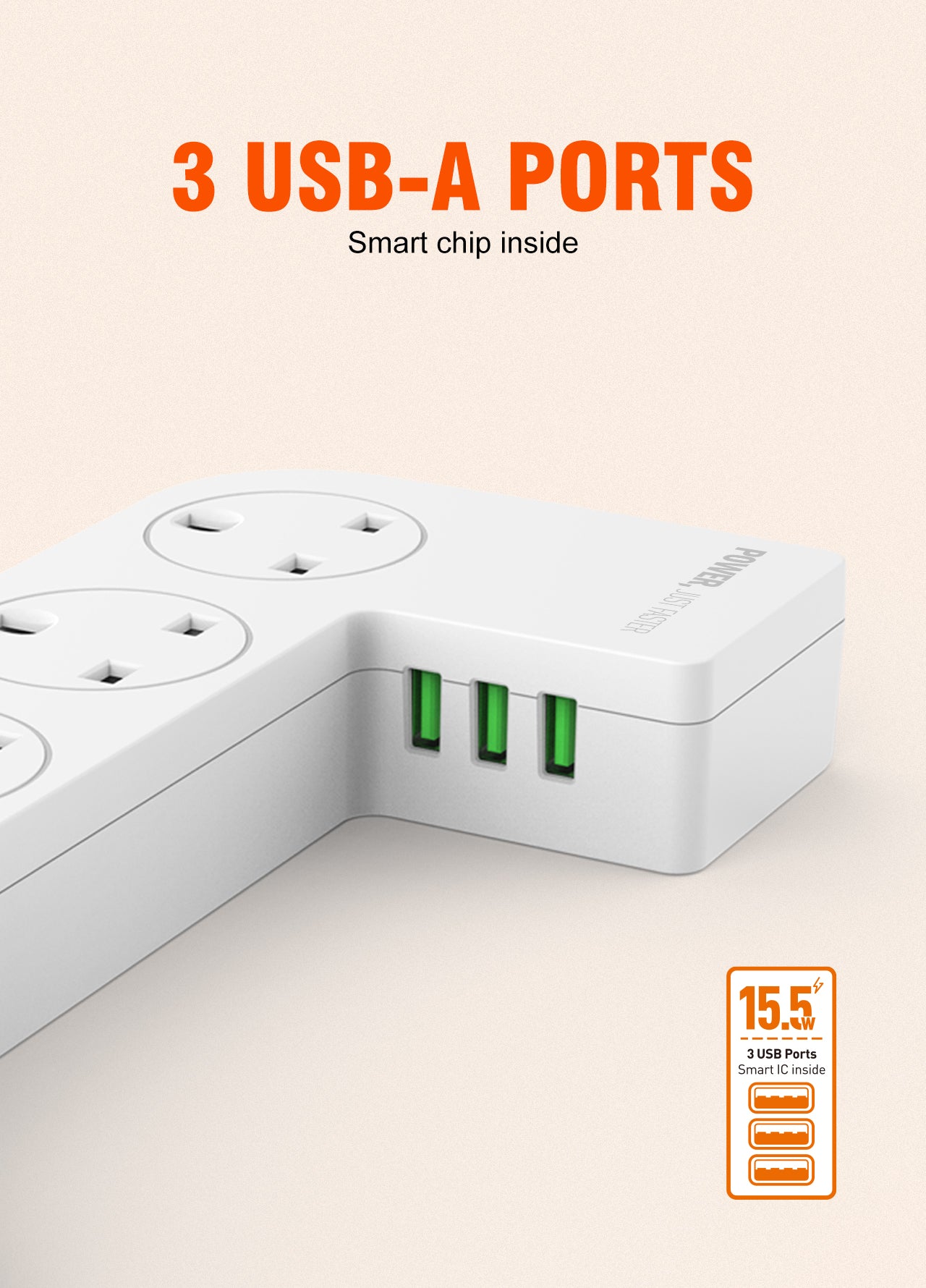 SN5310-N Kabelboks med 5 strømkontakter, 3 USB utganger (lav/bred modell).