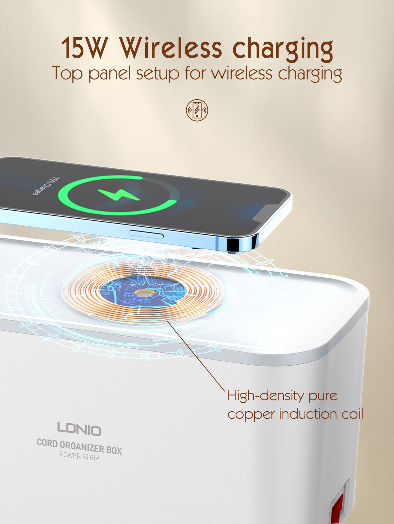 Kabelboks med 5 strømuttak, PD utgang, QC (USB-C), USB og 15W ladeplate på toppen.