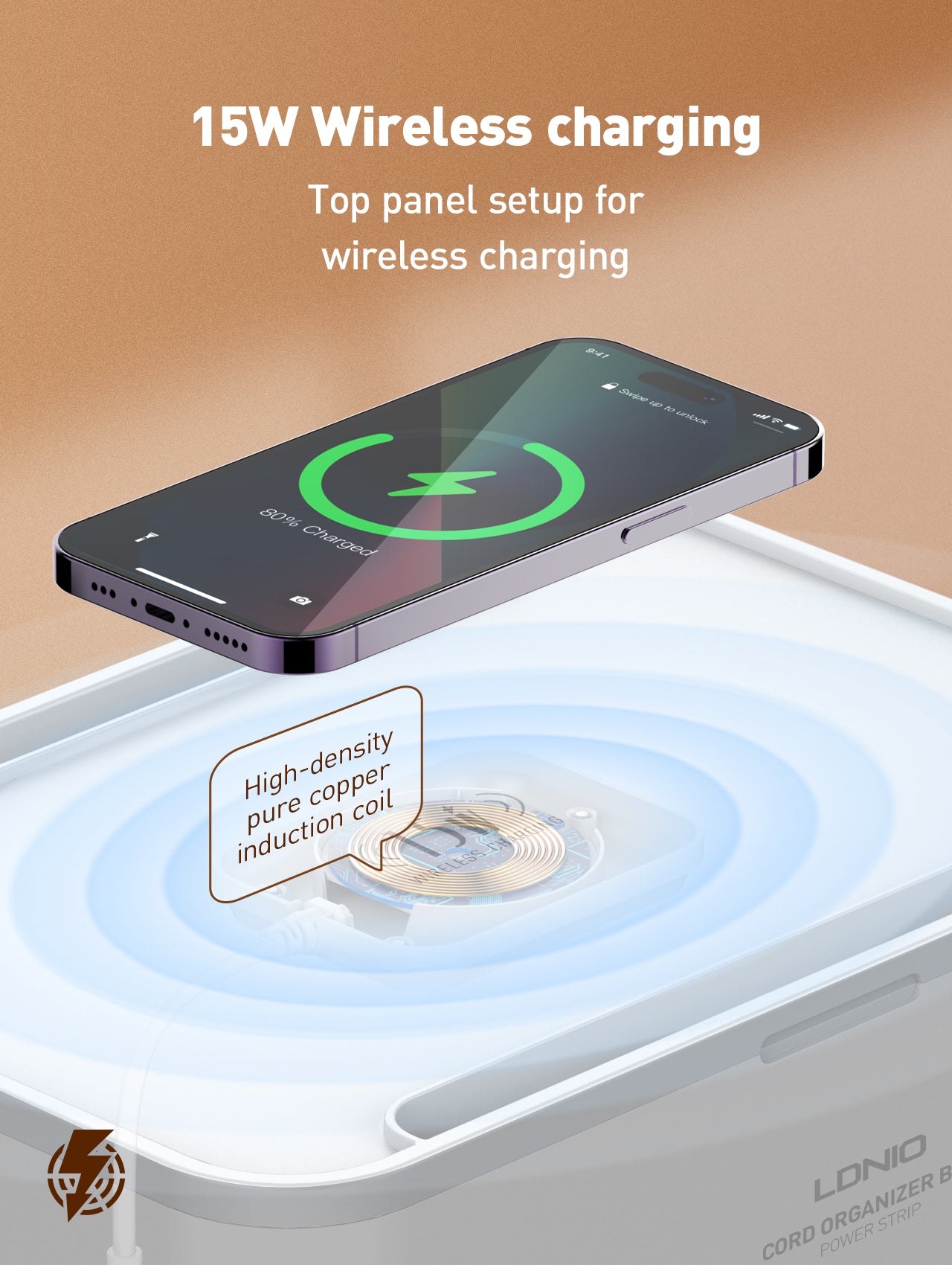 Kabelboks (lav og bredere) med 5 strømuttak, PD, QC, USB utganger og 15W ladeplate på toppen.