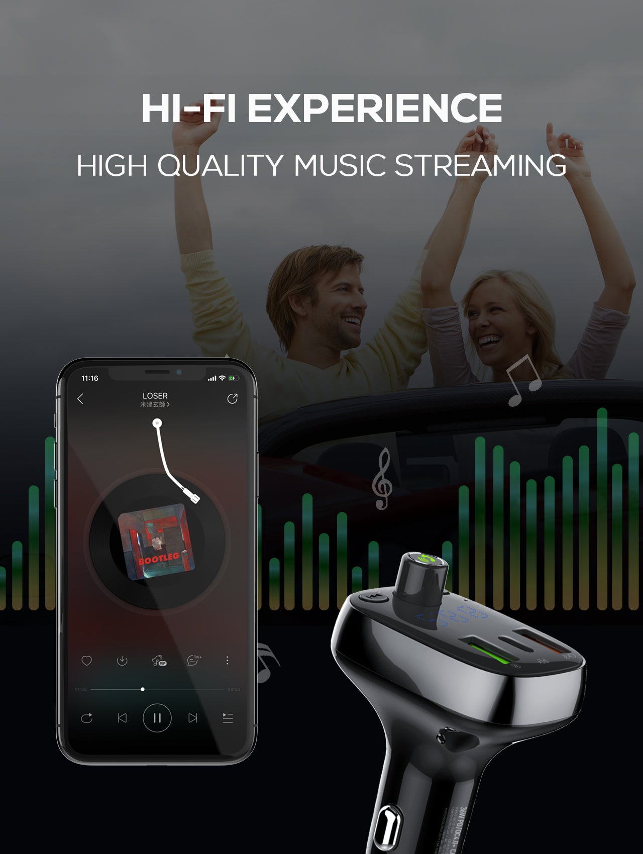30W billader med innebygget handsfree for Bluetooth 5.0