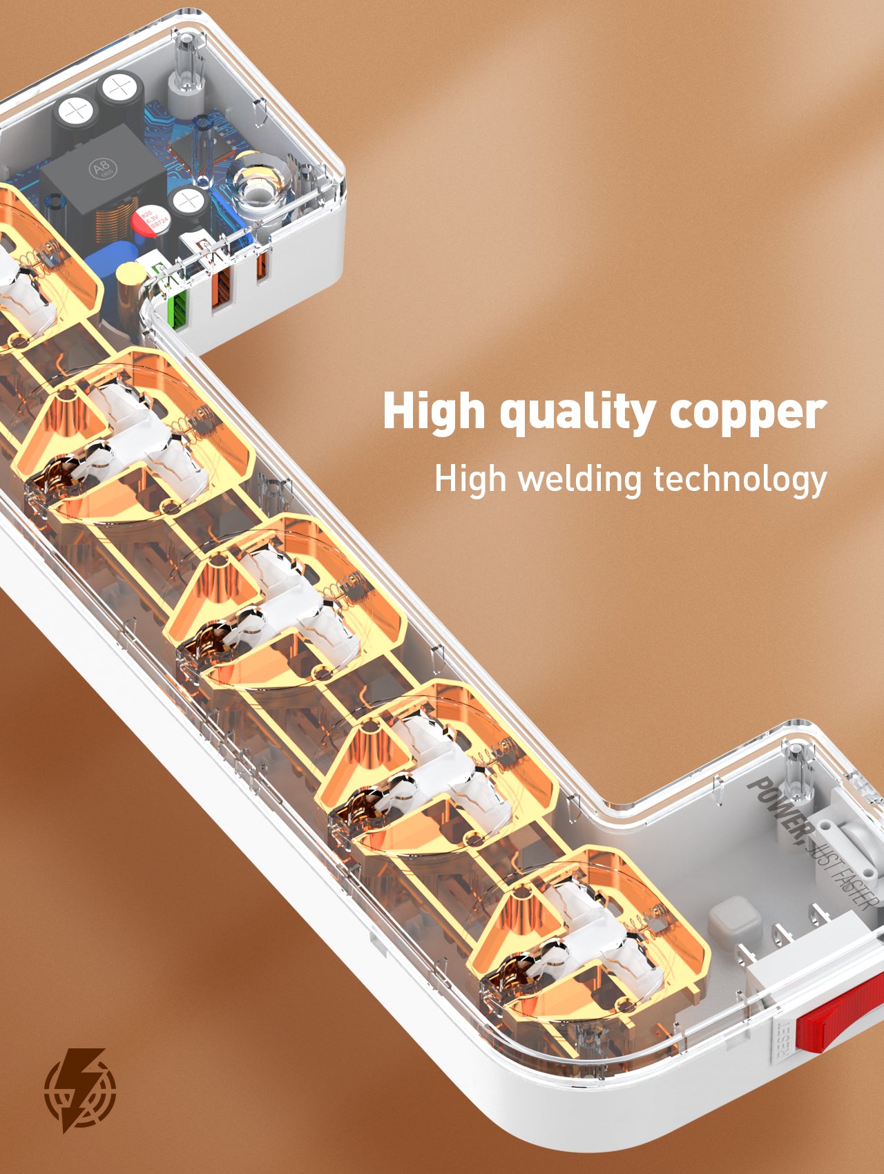 Kabelboks (lav og bredere) med 5 strømuttak, PD, QC, USB utganger og 15W ladeplate på toppen.
