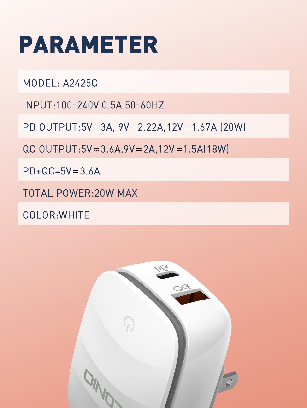 A2425C - USB/USB-C kompakt hurtiglader med intelligent nattlys og både PD og QC