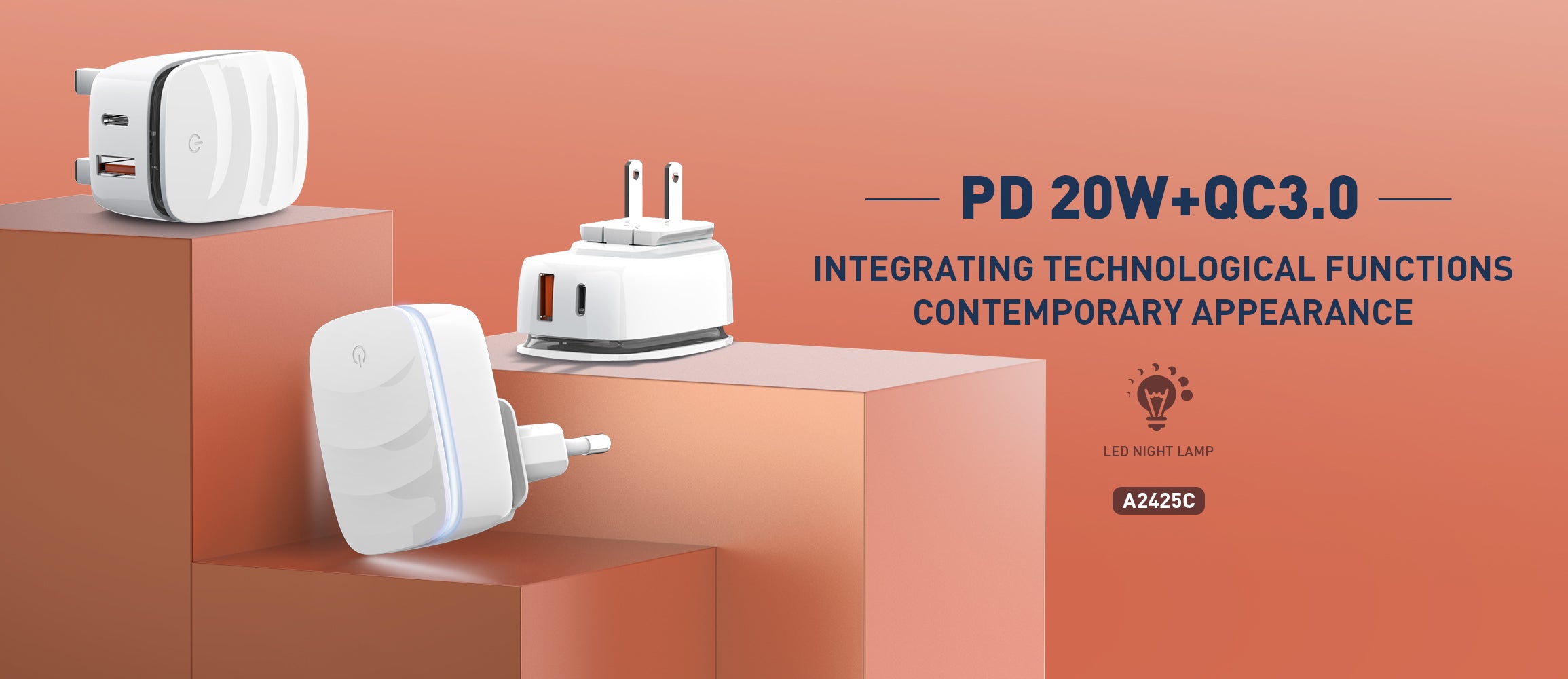 A2425C - USB/USB-C kompakt hurtiglader med intelligent nattlys og både PD og QC