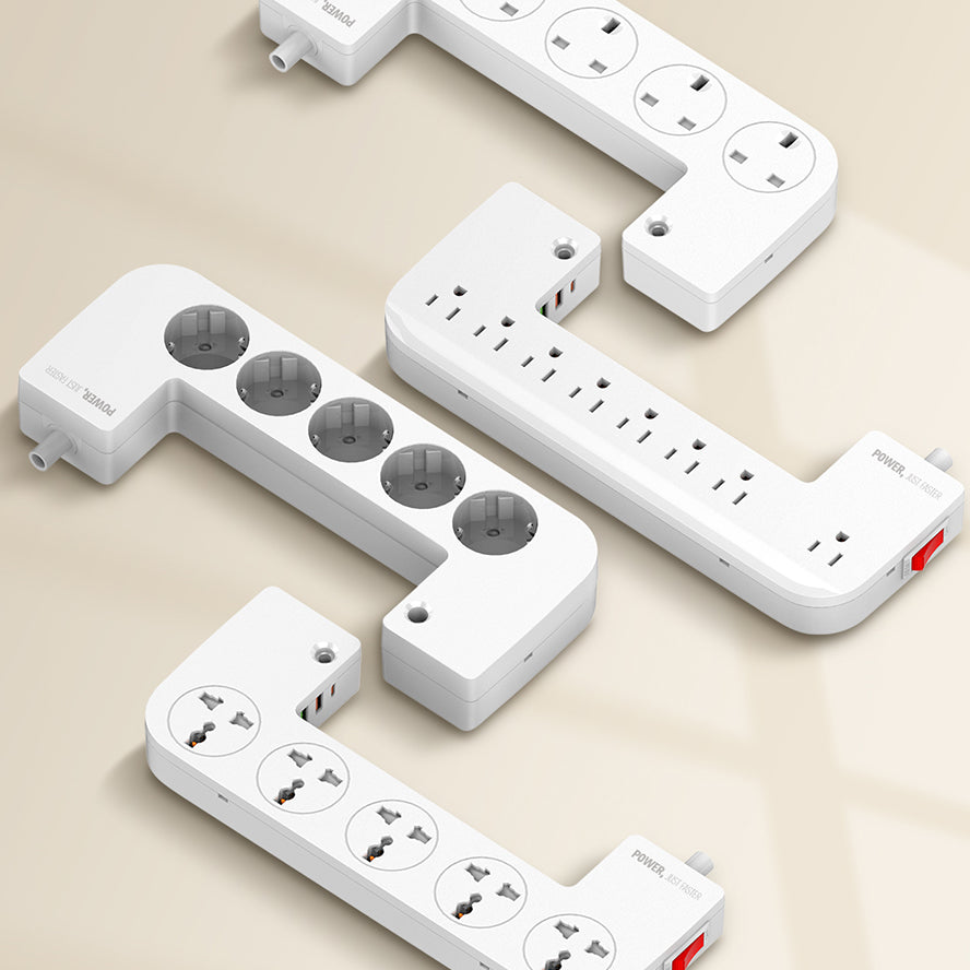 Kabelboks med 5 strømuttak,  PD utgang, QC (USB-C), USB og 15W ladeplate på toppen.