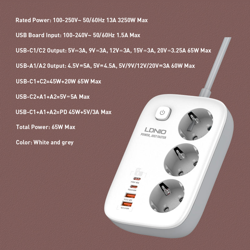 SE3436 Forgreningskontakt med 3 strømkontakter, 3 USB og 1 USB-C hurtiglader