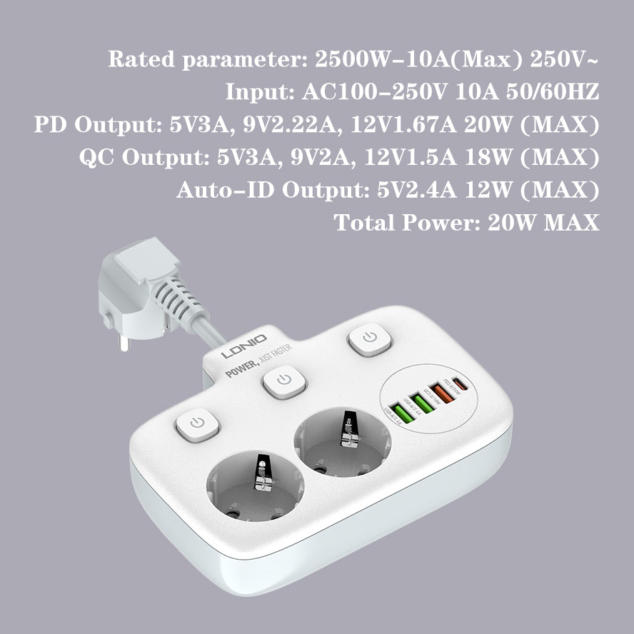 SE2435 Smart kabelforgrener for vegg med 2 strømutganger og USB/USB-C hurtiglader