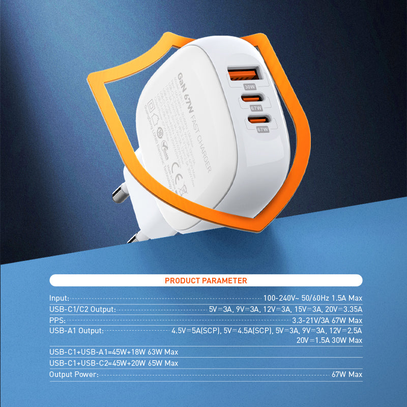 Q3611 - 67W Dual Port PD&QC Hurtiglader med 2 QC og 1 PD utgang.