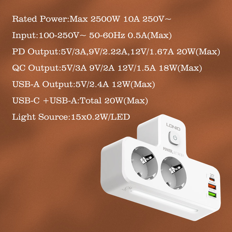 SE2337 Dobbel stikkontakt med 3 USB/USB-C og  justerbart nattlys