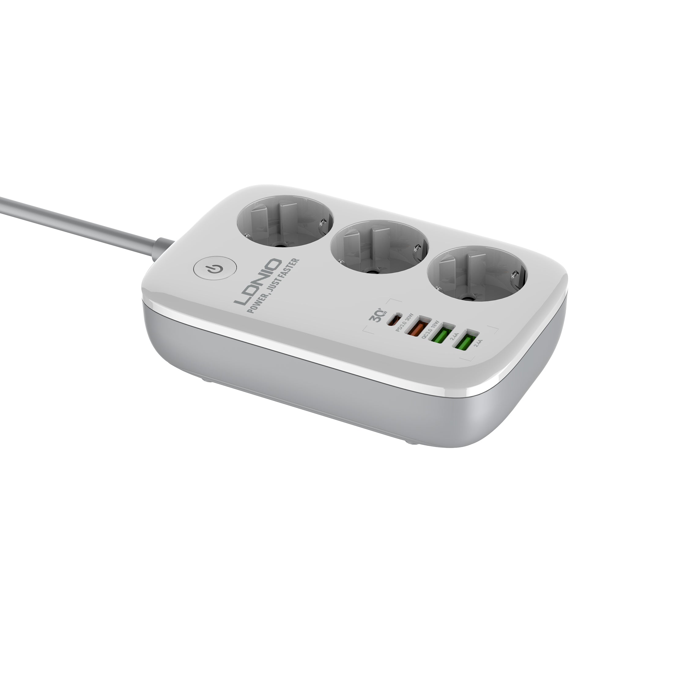 SEW3452 WiFi styrt kabelfelle (2500W) med 3 strømutganger + 1 USB-C 3 USB-A